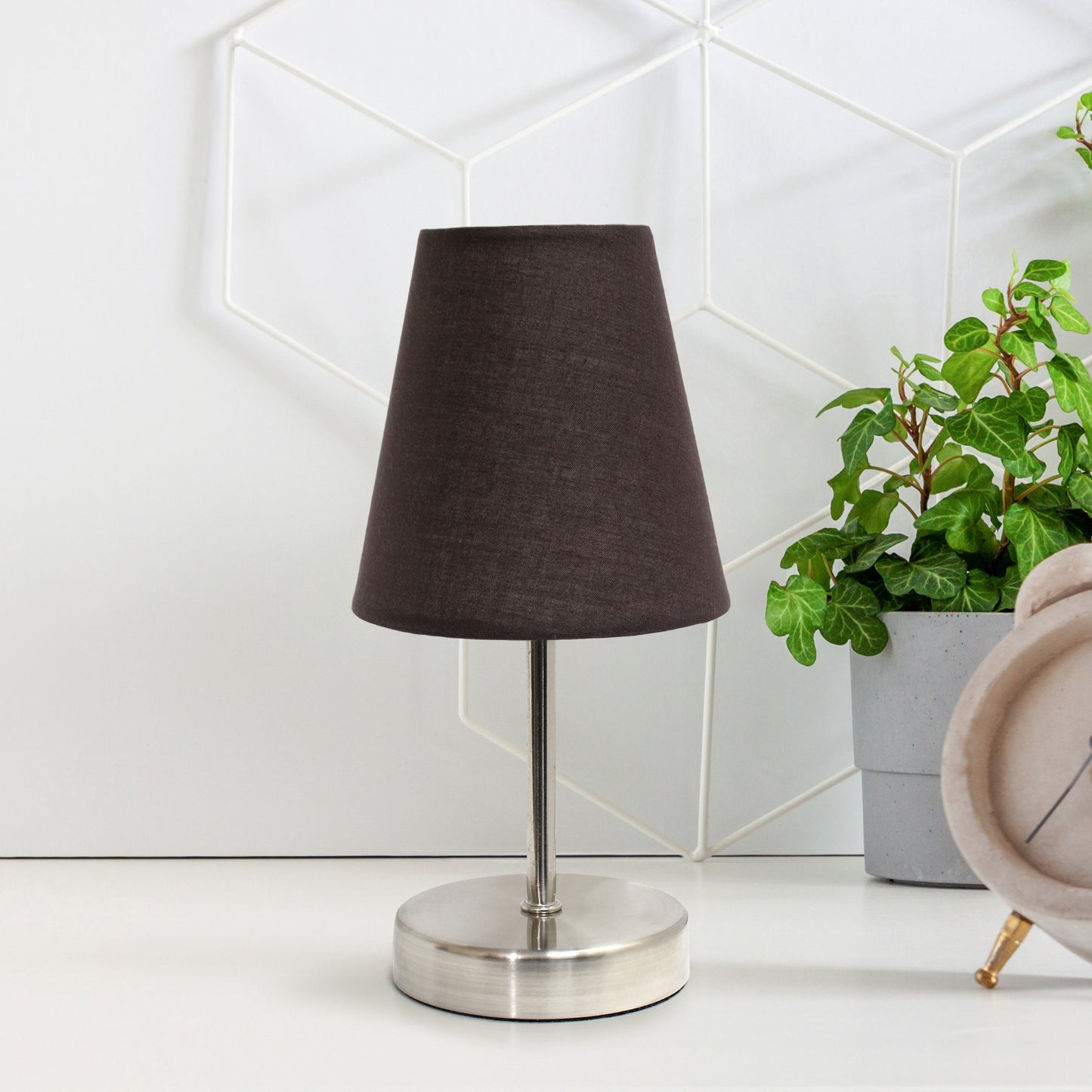 All The Rages Nauru 11" Sand Nickel Bedside Table Lamp With Espresso Brown Fabric Empire Shade