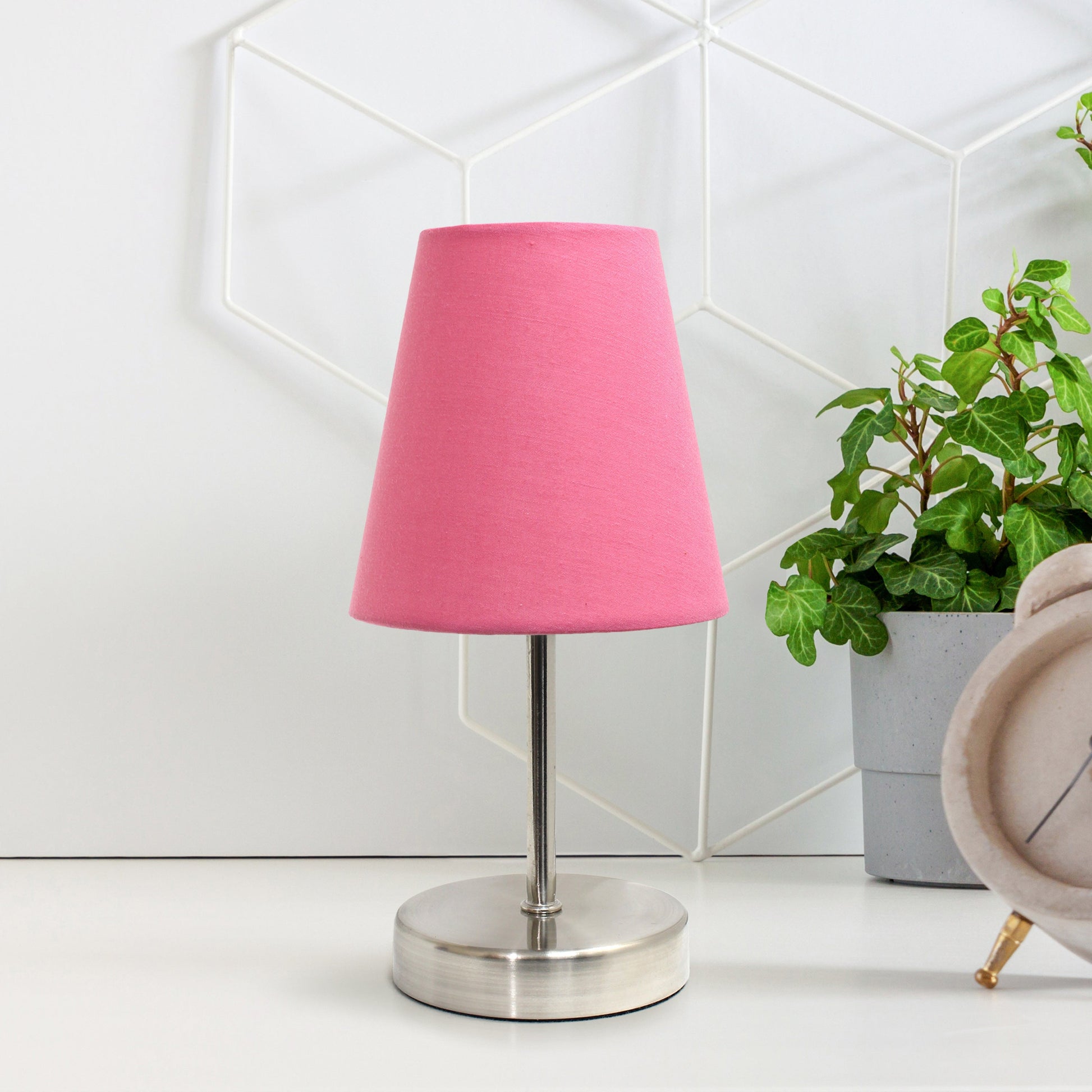 All The Rages Nauru 11" Sand Nickel Bedside Table Lamp With Pink Fabric Empire Shade