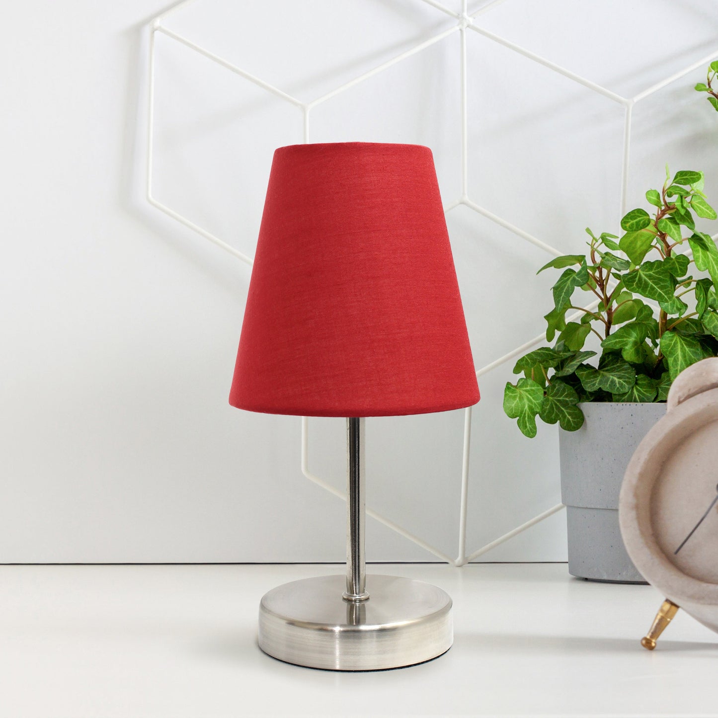 All The Rages Nauru 11" Sand Nickel Bedside Table Lamp With Red Fabric Empire Shade