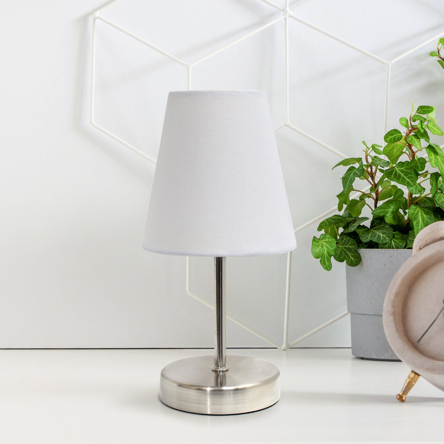All The Rages Nauru 11" Sand Nickel Bedside Table Lamp With White Fabric Empire Shade
