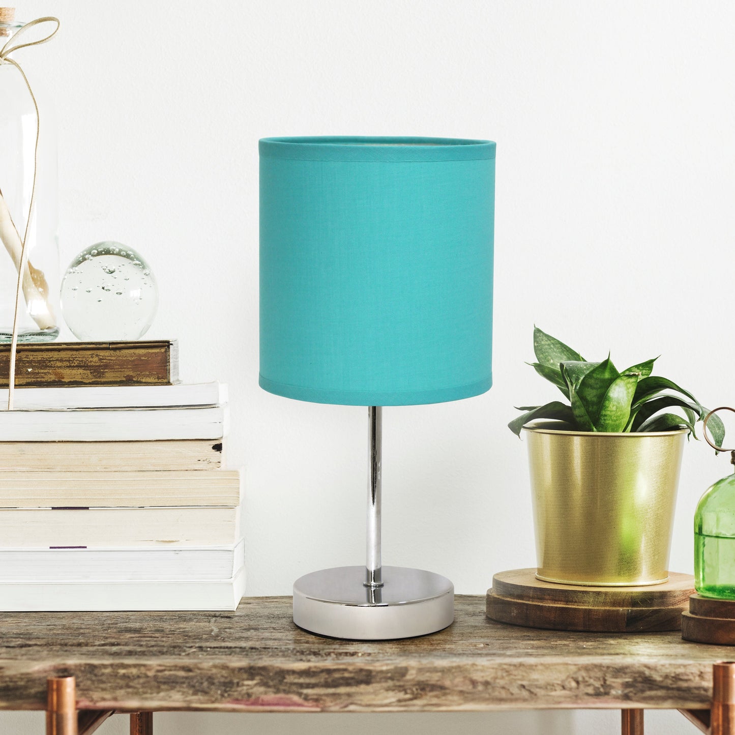 All The Rages Nauru 12" Chrome Metal Stick Table Lamp With Blue Fabric Shade