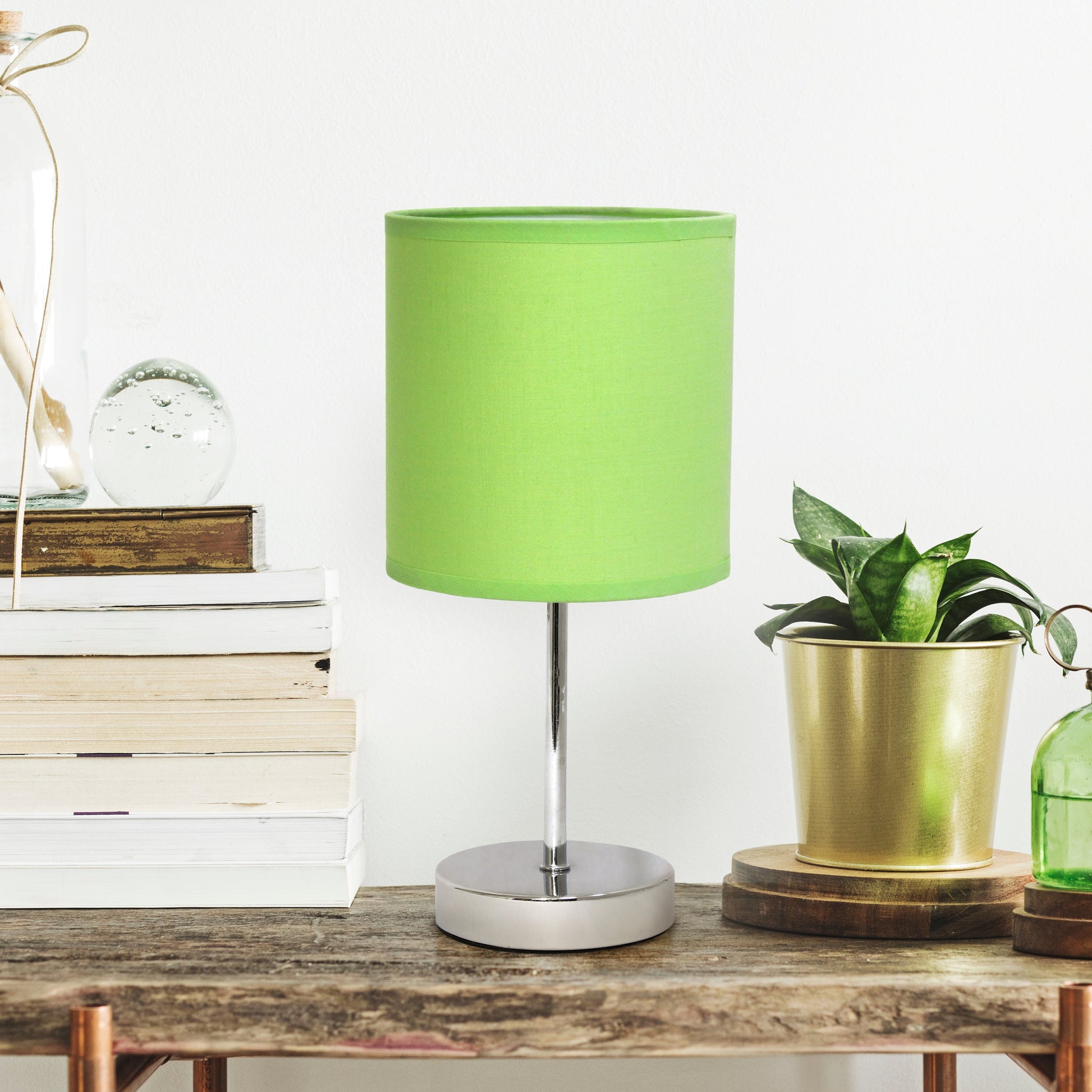 All The Rages Nauru 12" Chrome Metal Stick Table Lamp With Green Fabric Shade
