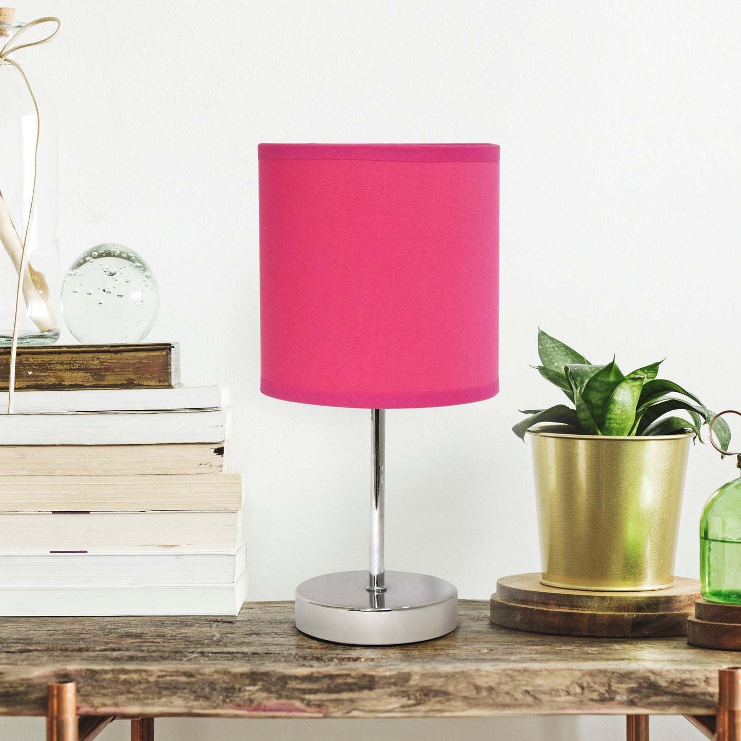 All The Rages Nauru 12" Chrome Metal Stick Table Lamp With Hot Pink Fabric Shade