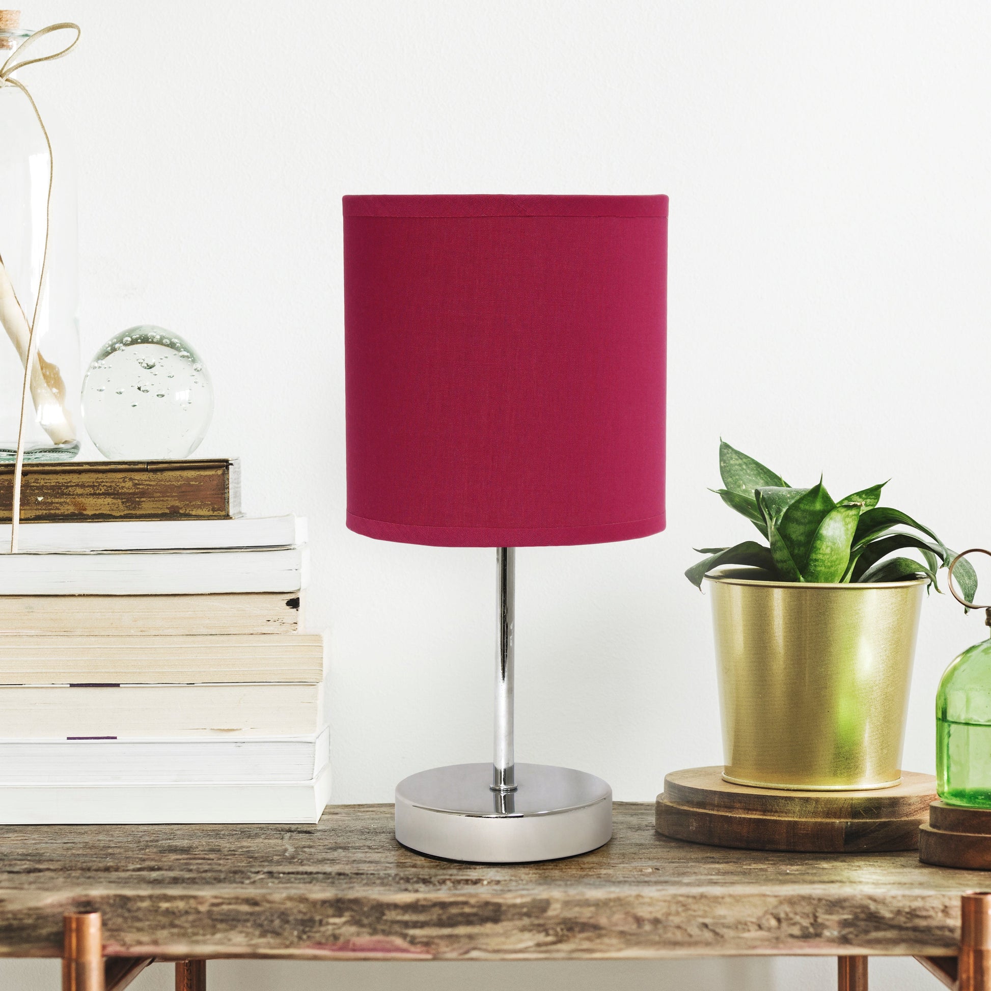 All The Rages Nauru 12" Chrome Metal Stick Table Lamp With Wine Fabric Shade