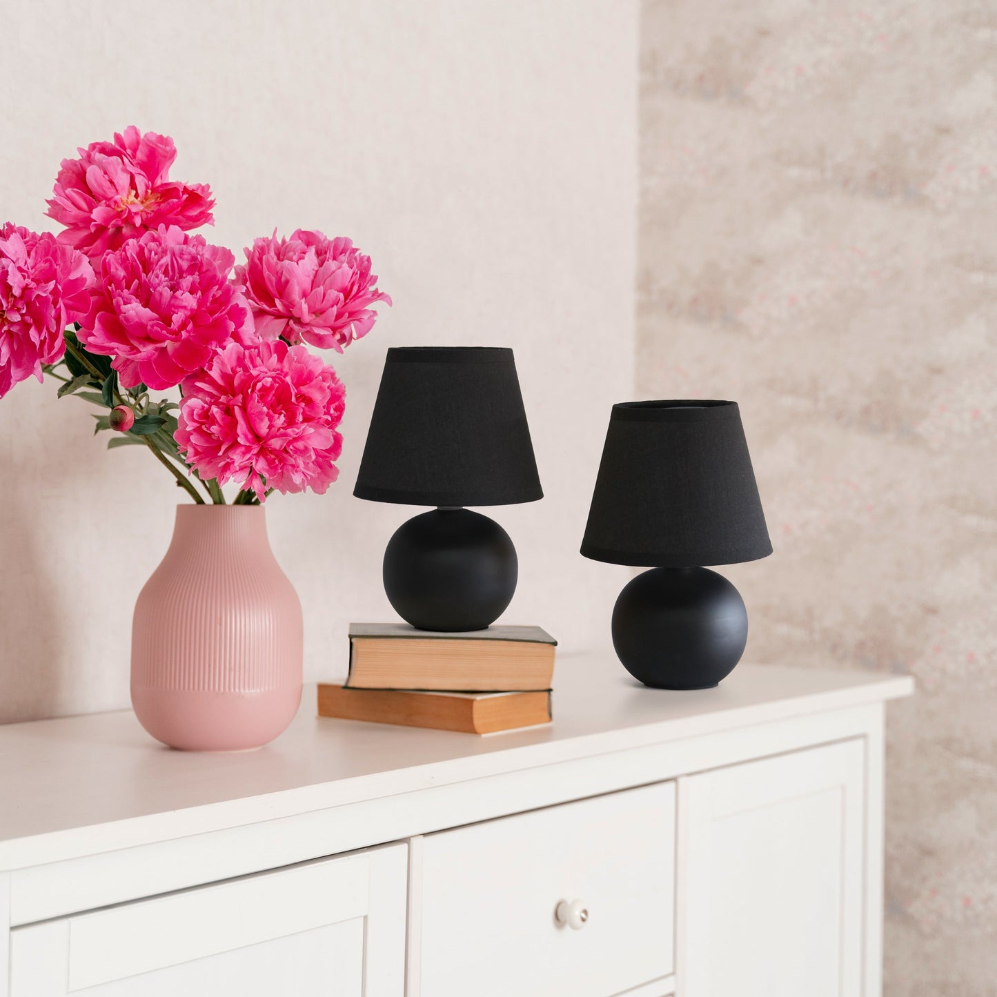 All The Rages Nauru 9" Black 2-Piece Ceramic Orb Table Lamps With Matching Fabric Shades