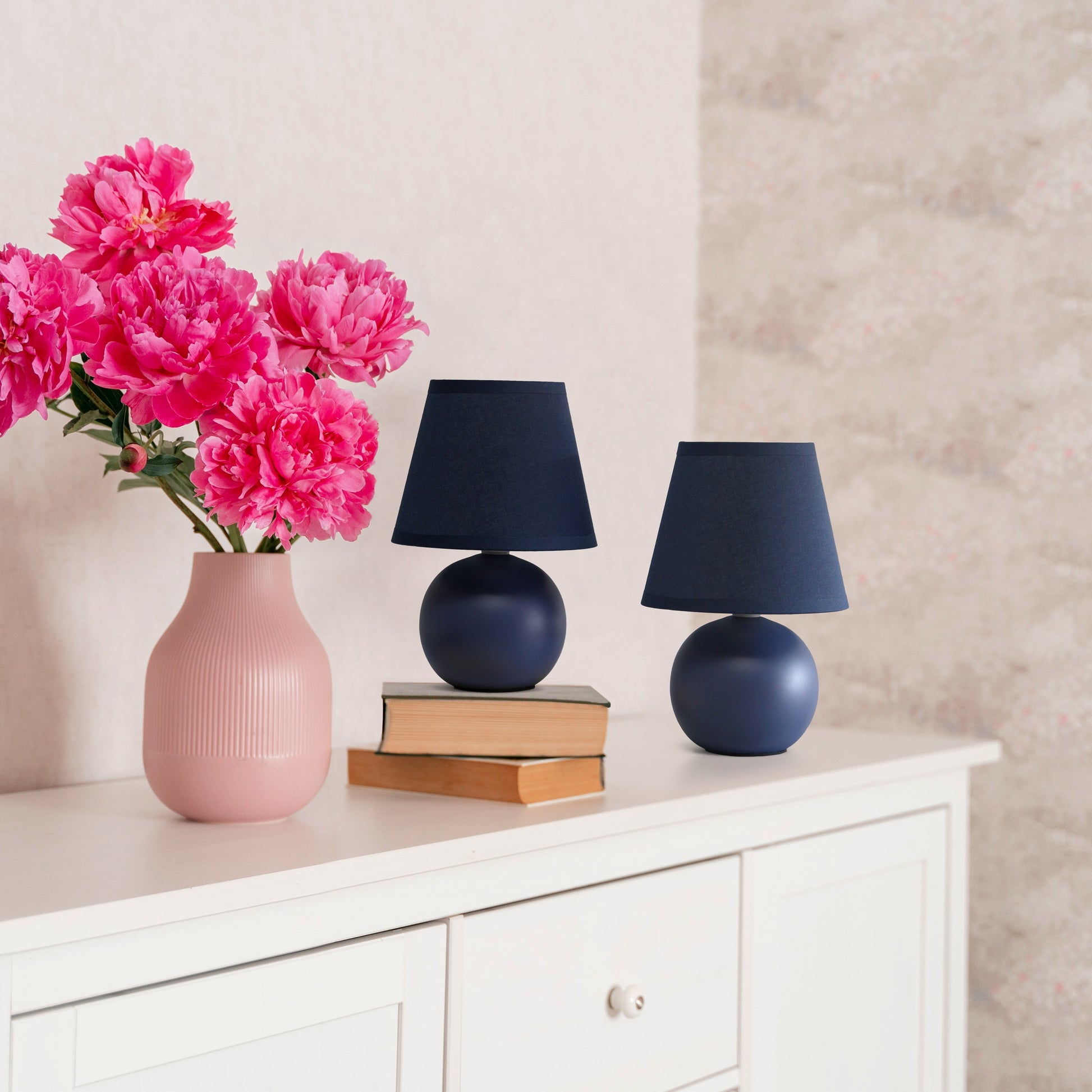 All The Rages Nauru 9" Blue 2-Piece Ceramic Orb Table Lamps With Matching Fabric Shades