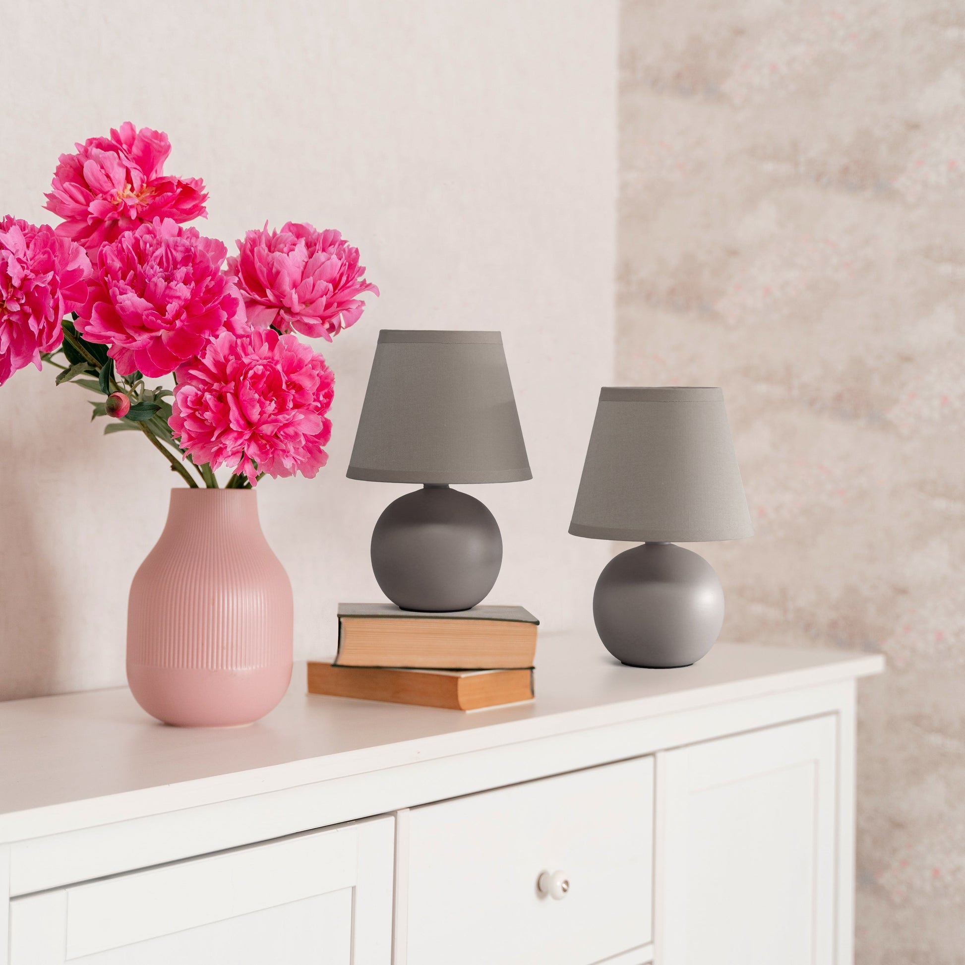 All The Rages Nauru 9" Gray 2-Piece Ceramic Orb Table Lamps With Matching Fabric Shades