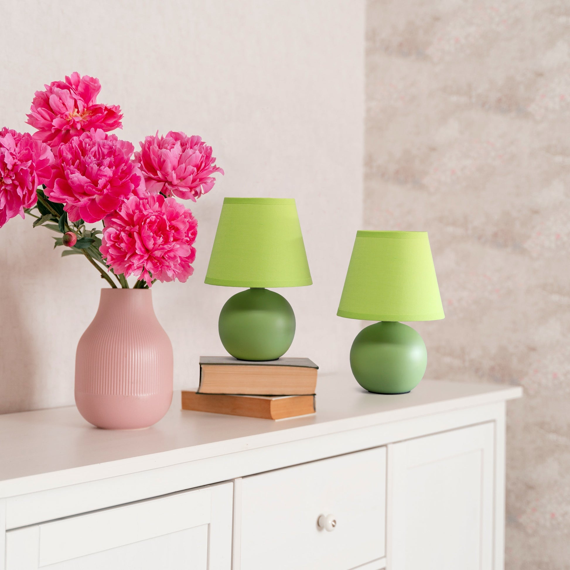 All The Rages Nauru 9" Green 2-Piece Ceramic Orb Table Lamps With Matching Fabric Shades