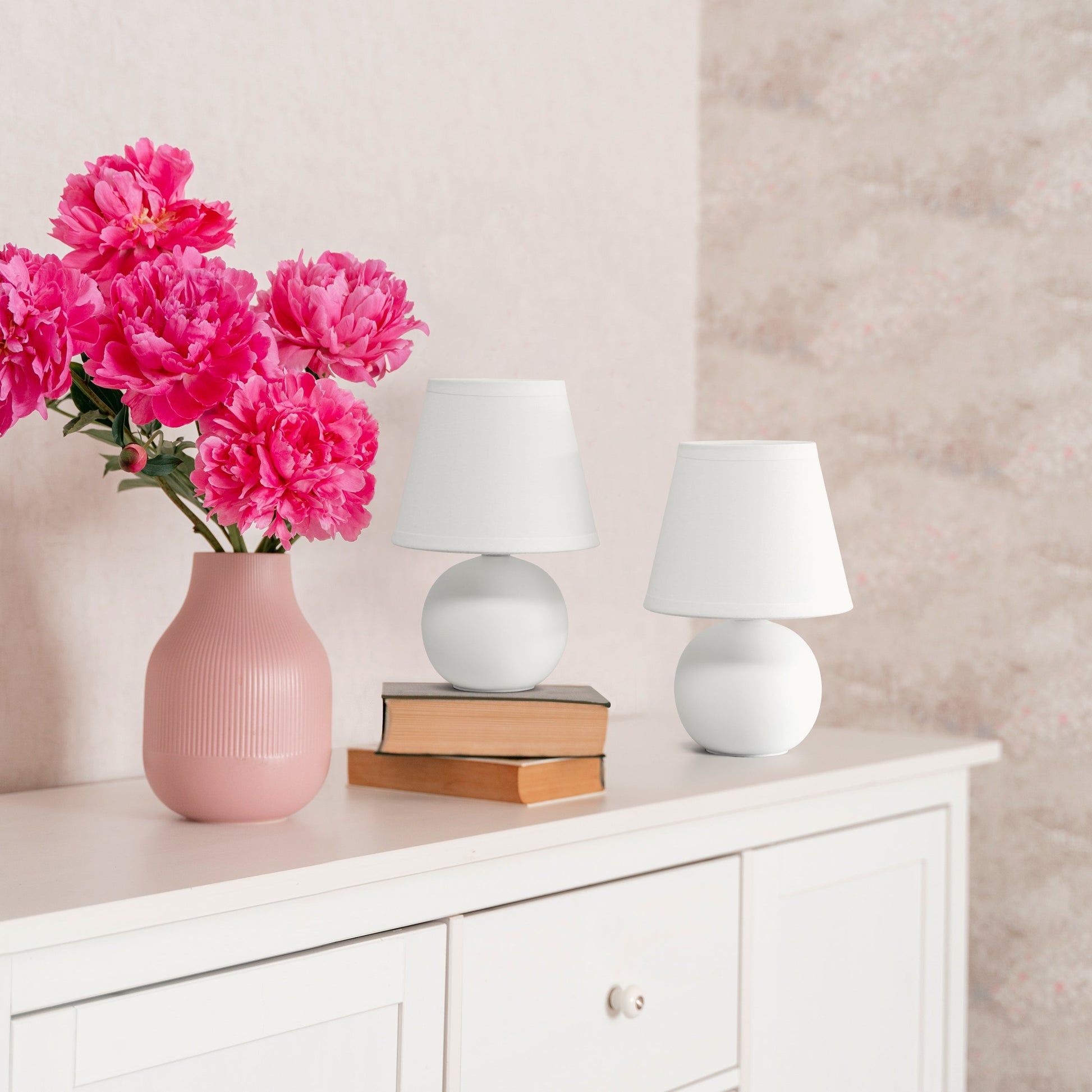 All The Rages Nauru 9" Off White 2-Piece Ceramic Orb Table Lamps With Matching Fabric Shades