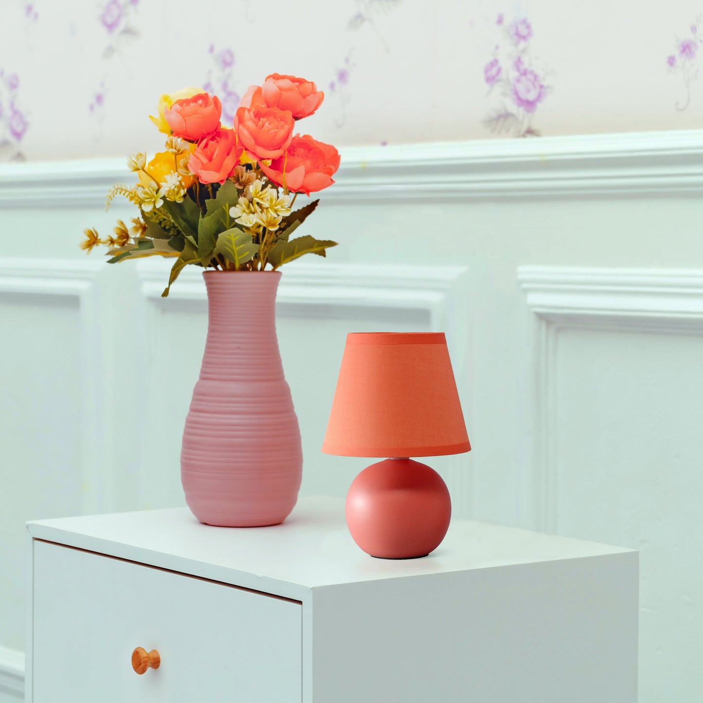 All The Rages Nauru 9" Orange Ceramic Orb Table Lamp With Matching Fabric Shade