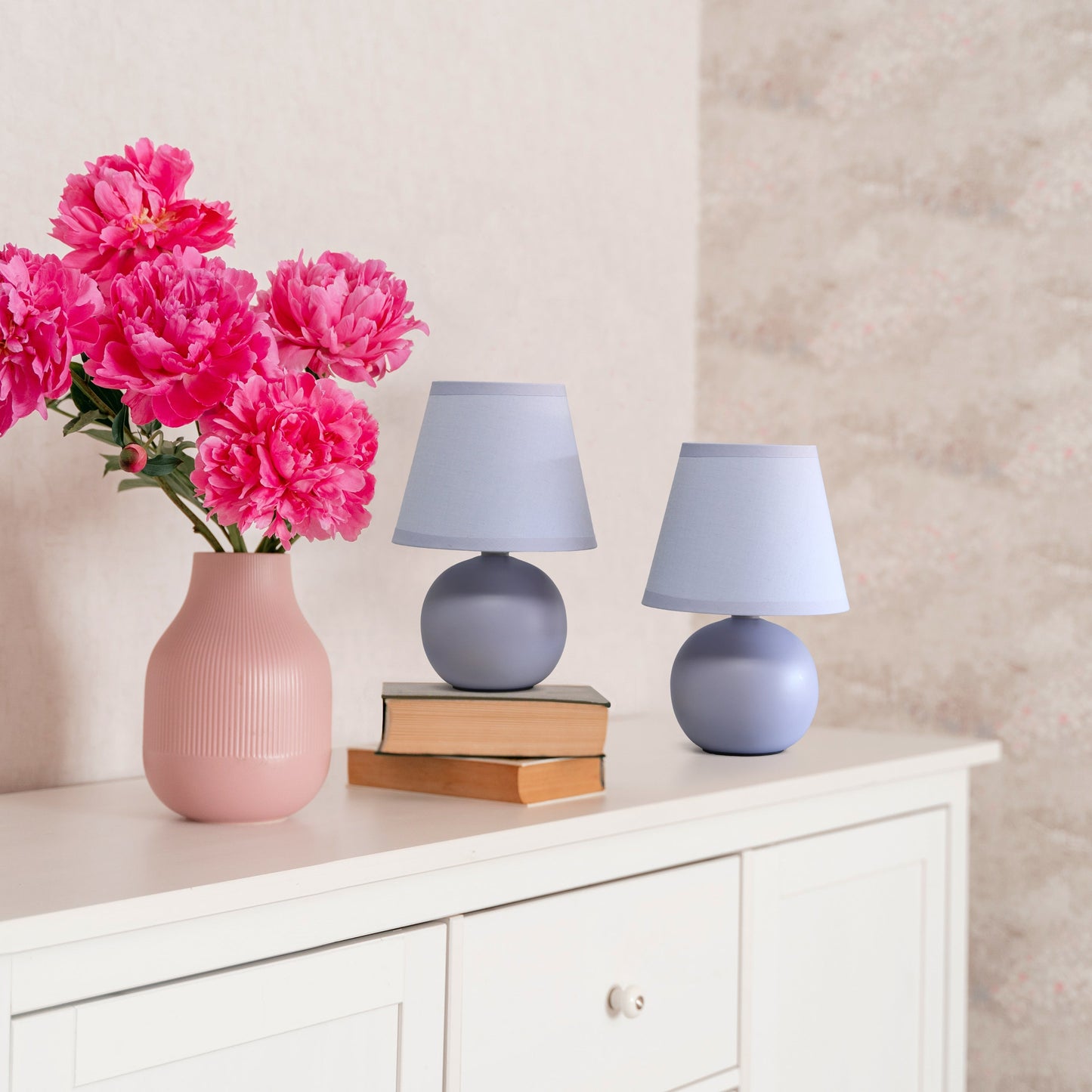 All The Rages Nauru 9" Purple 2-Piece Ceramic Orb Table Lamps With Matching Fabric Shades