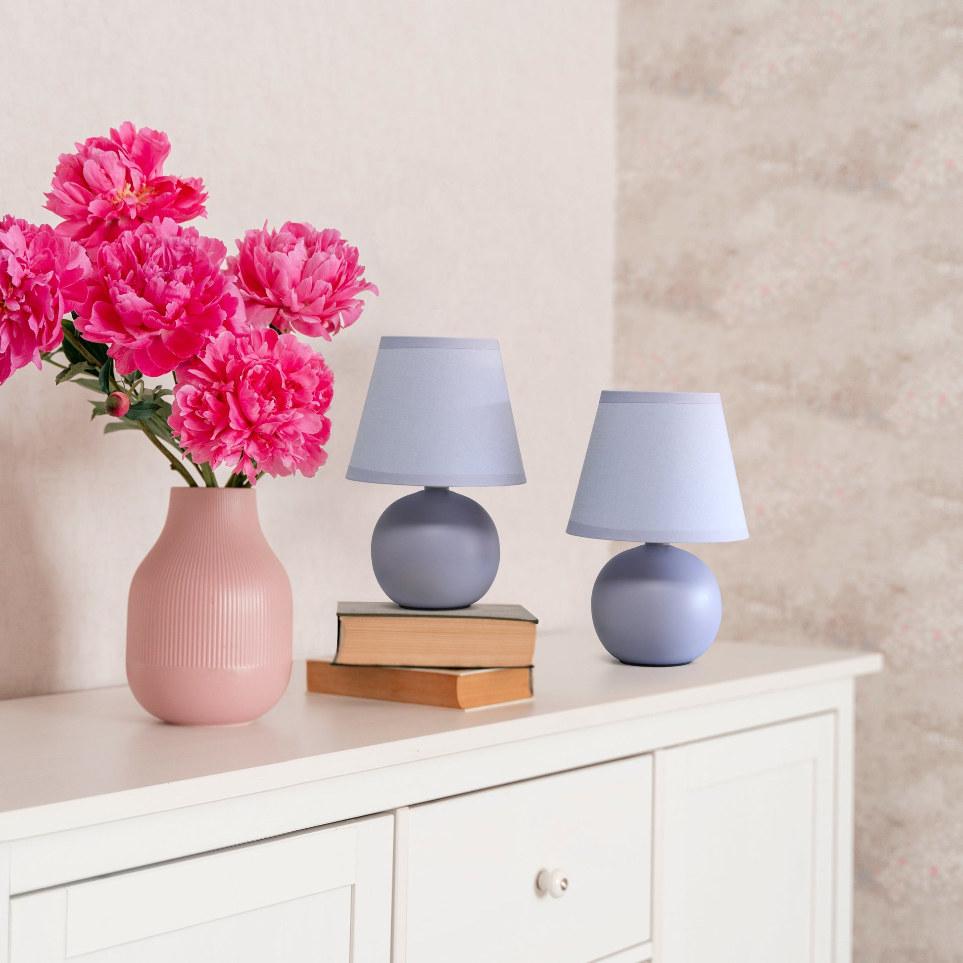 All The Rages Nauru 9" Purple 2-Piece Ceramic Orb Table Lamps With Matching Fabric Shades
