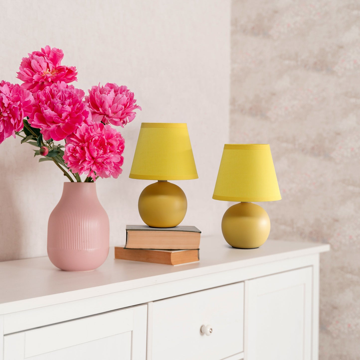 All The Rages Nauru 9" Yellow 2-piece Ceramic Orb Table Lamps With Matching Fabric Shades