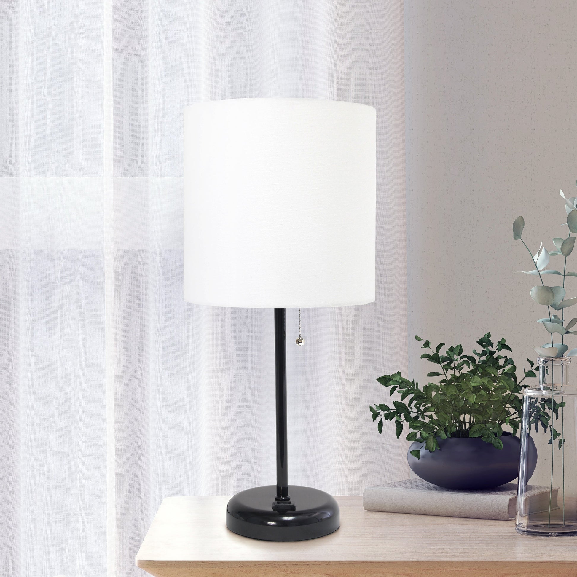 All The Rages Oslo 20" Black Base Standard Table Lamp With Power Outlet In White Fabric Shade