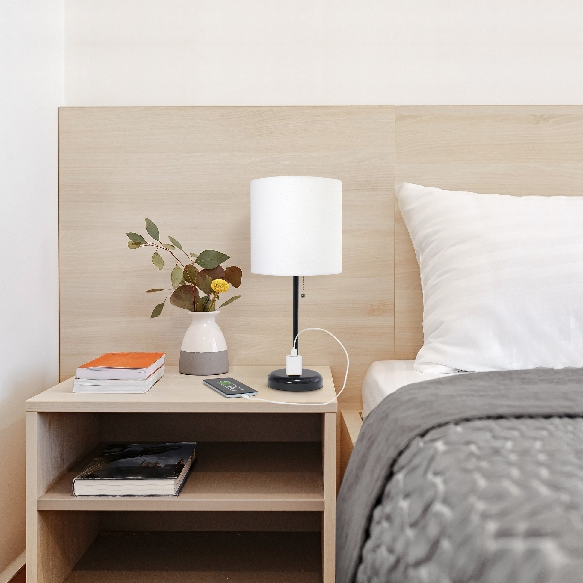 All The Rages Oslo 20" Black Base Standard Table Lamp With Power Outlet In White Fabric Shade