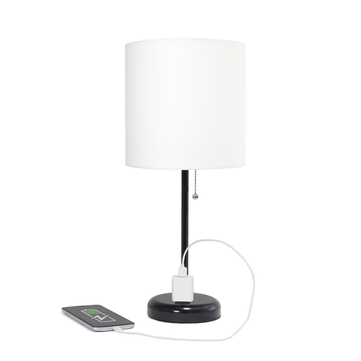 All The Rages Oslo 20" Black Base Standard Table Lamp With Power Outlet In White Fabric Shade