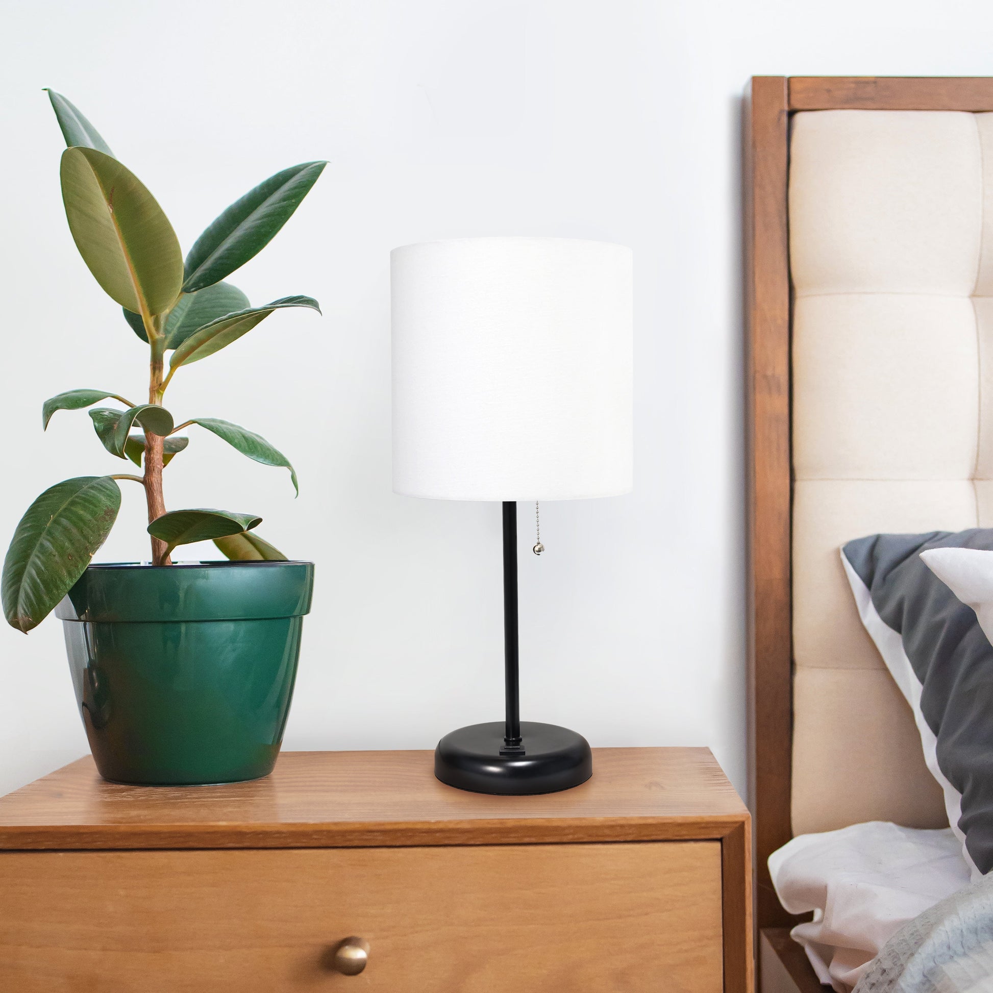 All The Rages Oslo 20" Black Base Standard Table Lamp With USB Power Outlet & White Fabric Shade