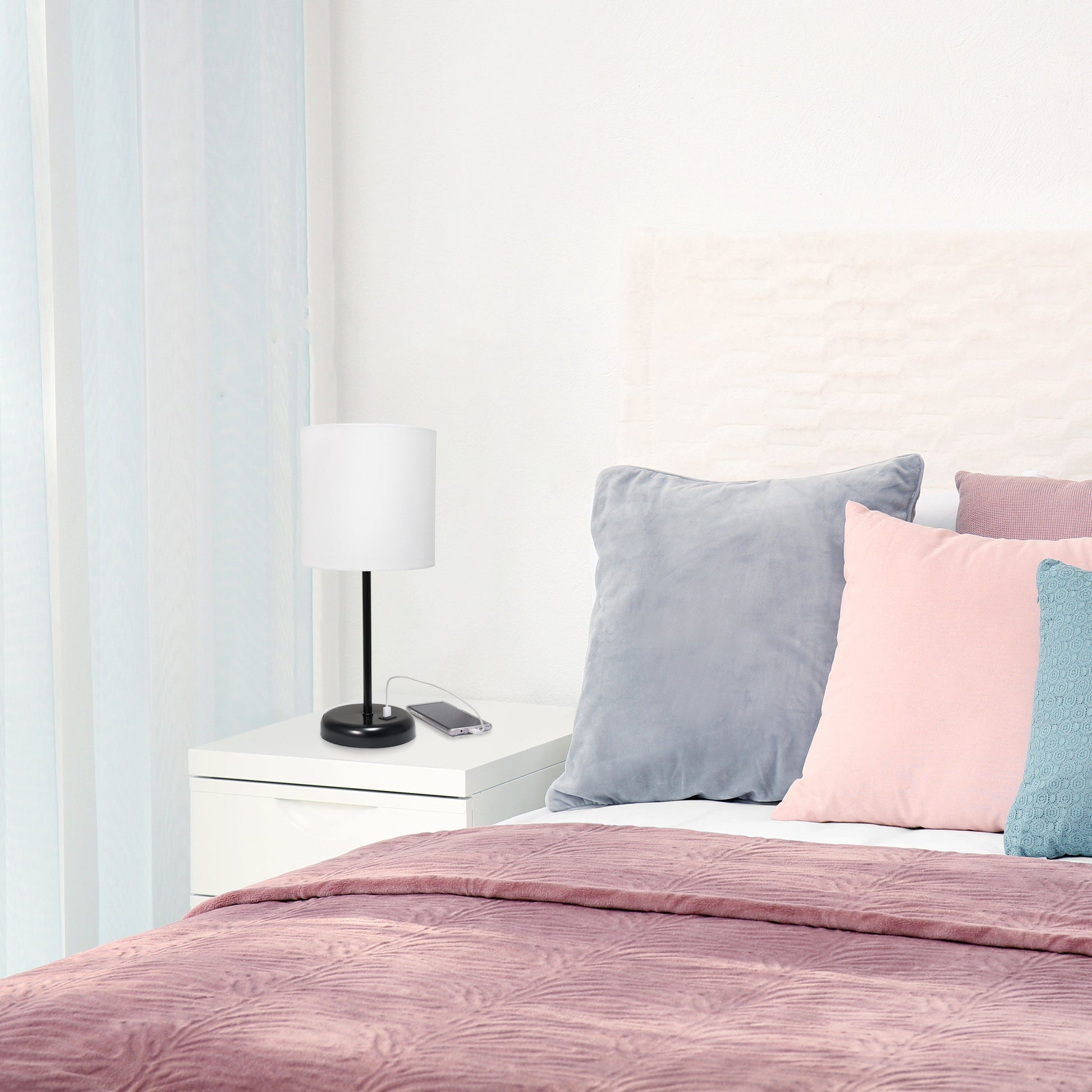 All The Rages Oslo 20" Black Base Standard Table Lamp With USB Power Outlet & White Fabric Shade