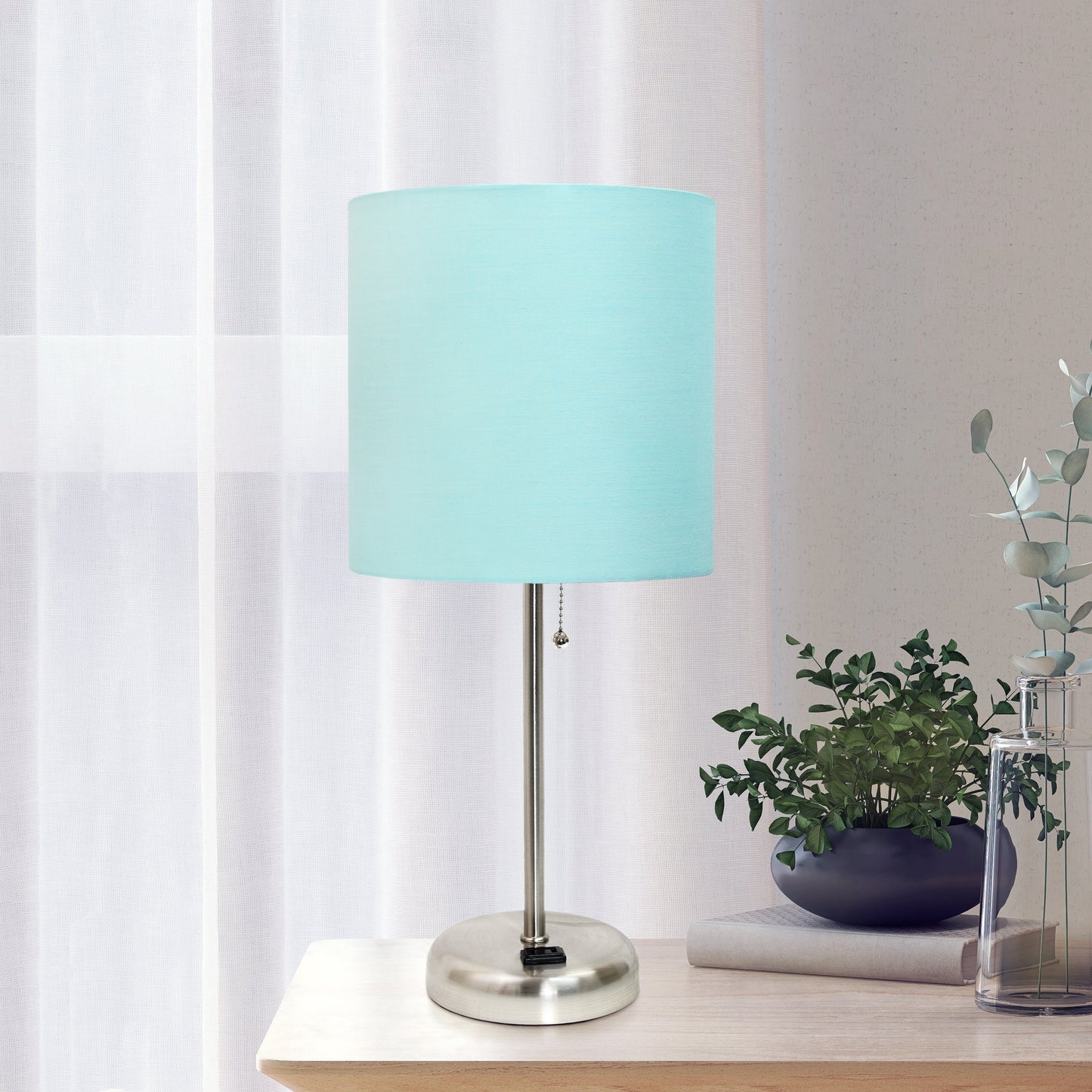 All The Rages Oslo 20" Brushed Steel Base Standard Table Lamp With Power Outlet & Aqua Fabric Shade