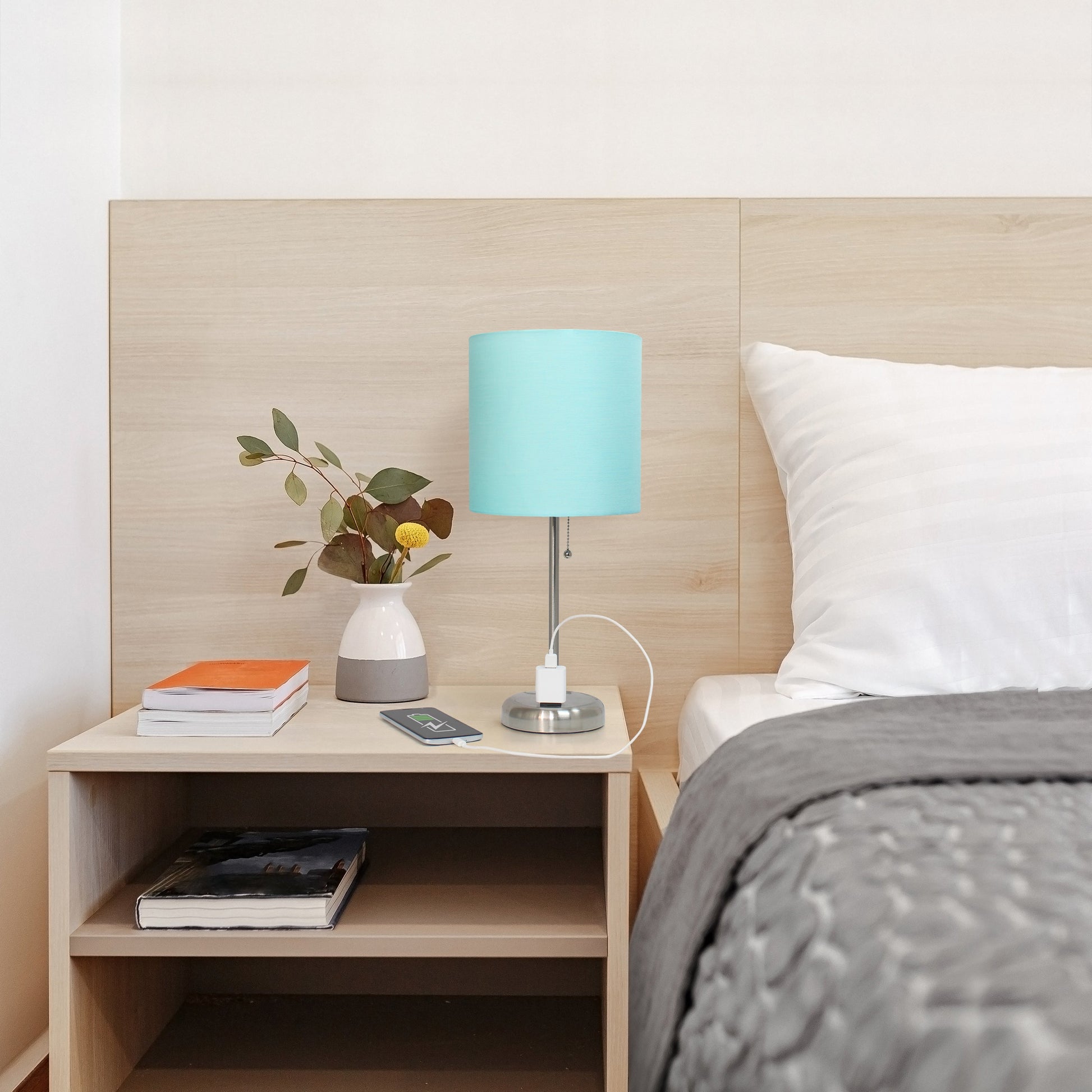 All The Rages Oslo 20" Brushed Steel Base Standard Table Lamp With Power Outlet & Aqua Fabric Shade