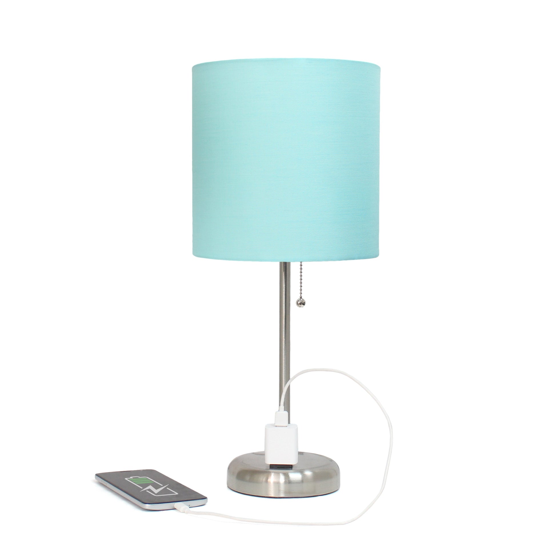 All The Rages Oslo 20" Brushed Steel Base Standard Table Lamp With Power Outlet & Aqua Fabric Shade
