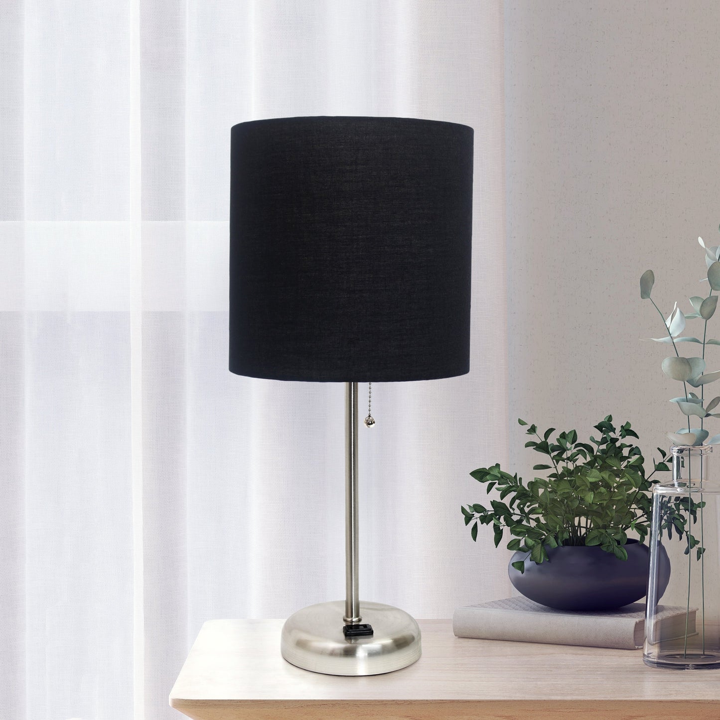 All The Rages Oslo 20" Brushed Steel Base Standard Table Lamp With Power Outlet & Black Fabric Shade