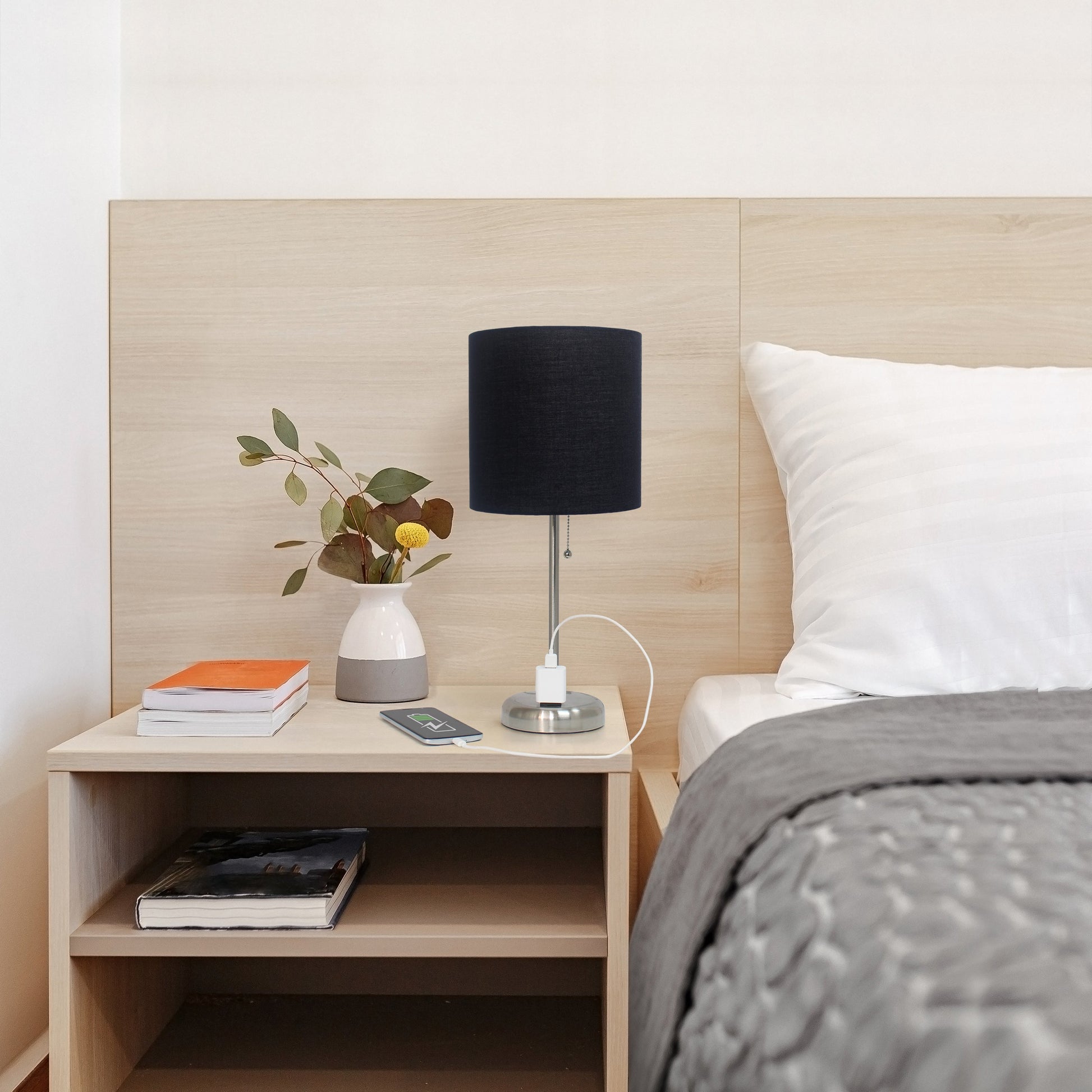 All The Rages Oslo 20" Brushed Steel Base Standard Table Lamp With Power Outlet & Black Fabric Shade