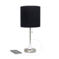 All The Rages Oslo 20" Brushed Steel Base Standard Table Lamp With Power Outlet & Black Fabric Shade