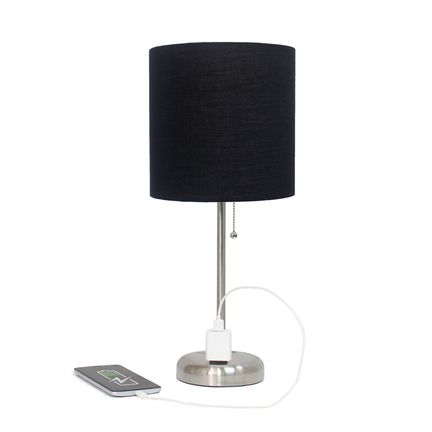 All The Rages Oslo 20" Brushed Steel Base Standard Table Lamp With Power Outlet & Black Fabric Shade