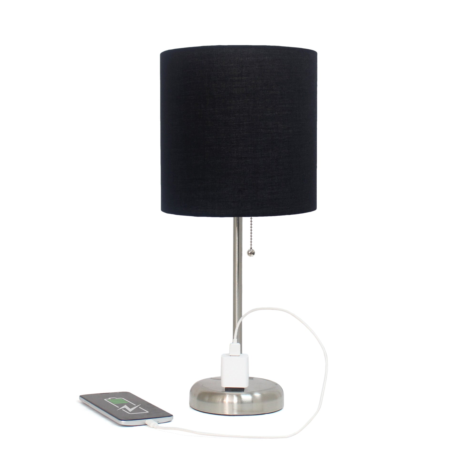 All The Rages Oslo 20" Brushed Steel Base Standard Table Lamp With Power Outlet & Black Fabric Shade