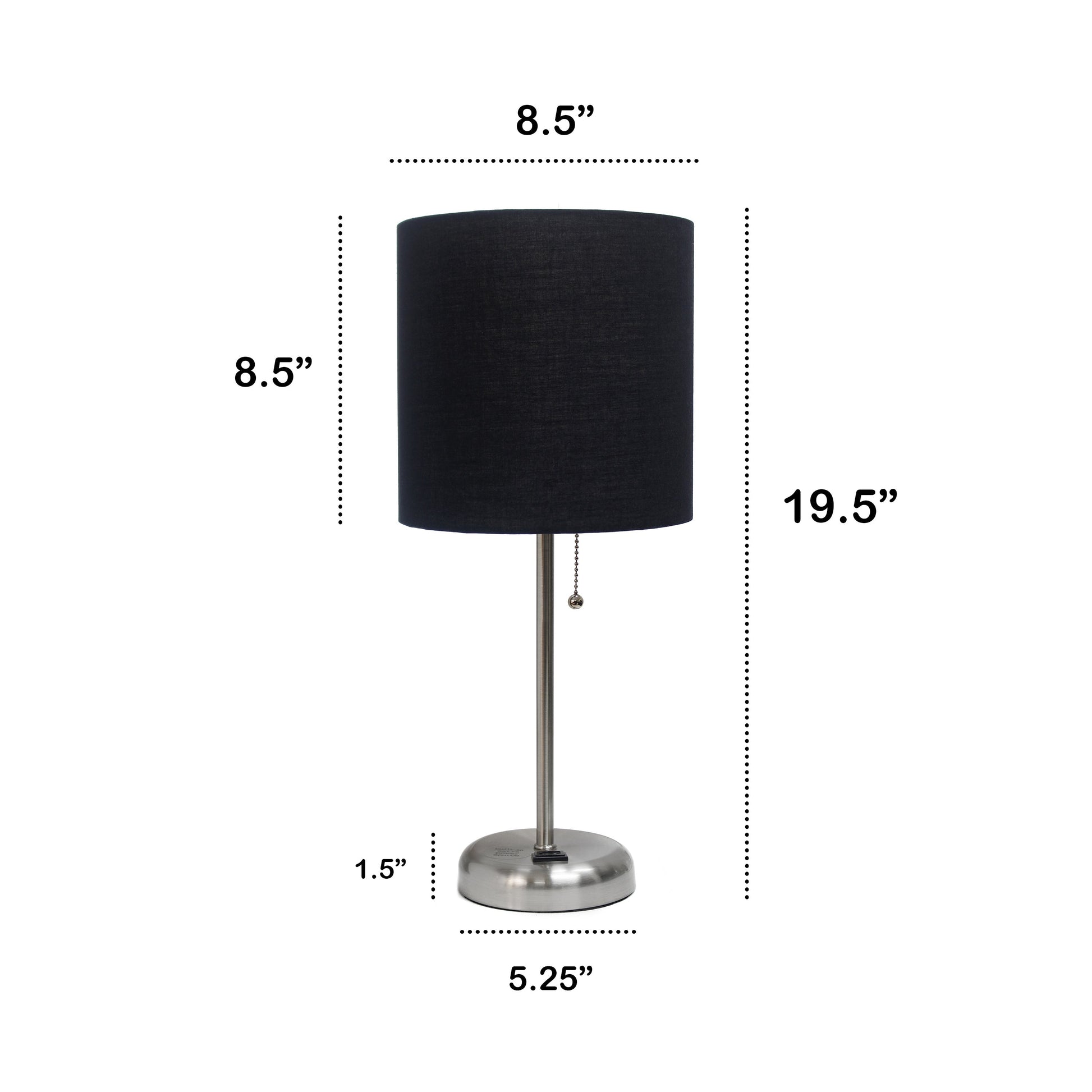 All The Rages Oslo 20" Brushed Steel Base Standard Table Lamp With Power Outlet & Black Fabric Shade