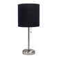 All The Rages Oslo 20" Brushed Steel Base Standard Table Lamp With Power Outlet & Black Fabric Shade