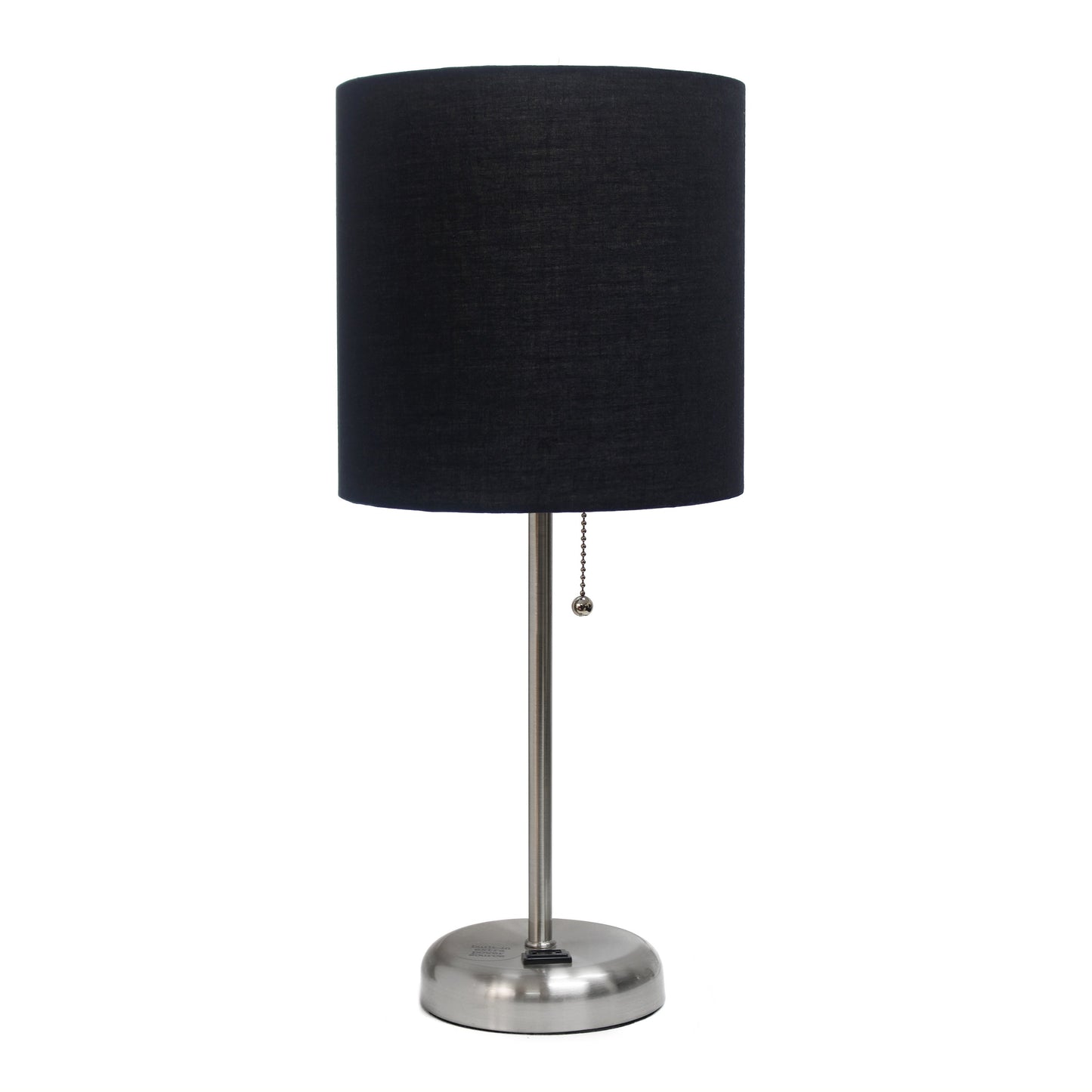 All The Rages Oslo 20" Brushed Steel Base Standard Table Lamp With Power Outlet & Black Fabric Shade