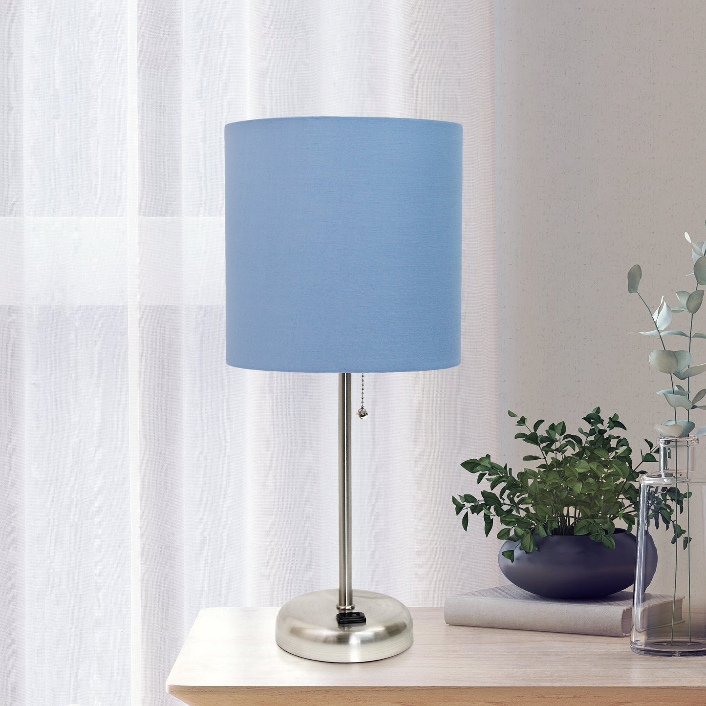 All The Rages Oslo 20" Brushed Steel Base Standard Table Lamp With Power Outlet & Blue Fabric Shade