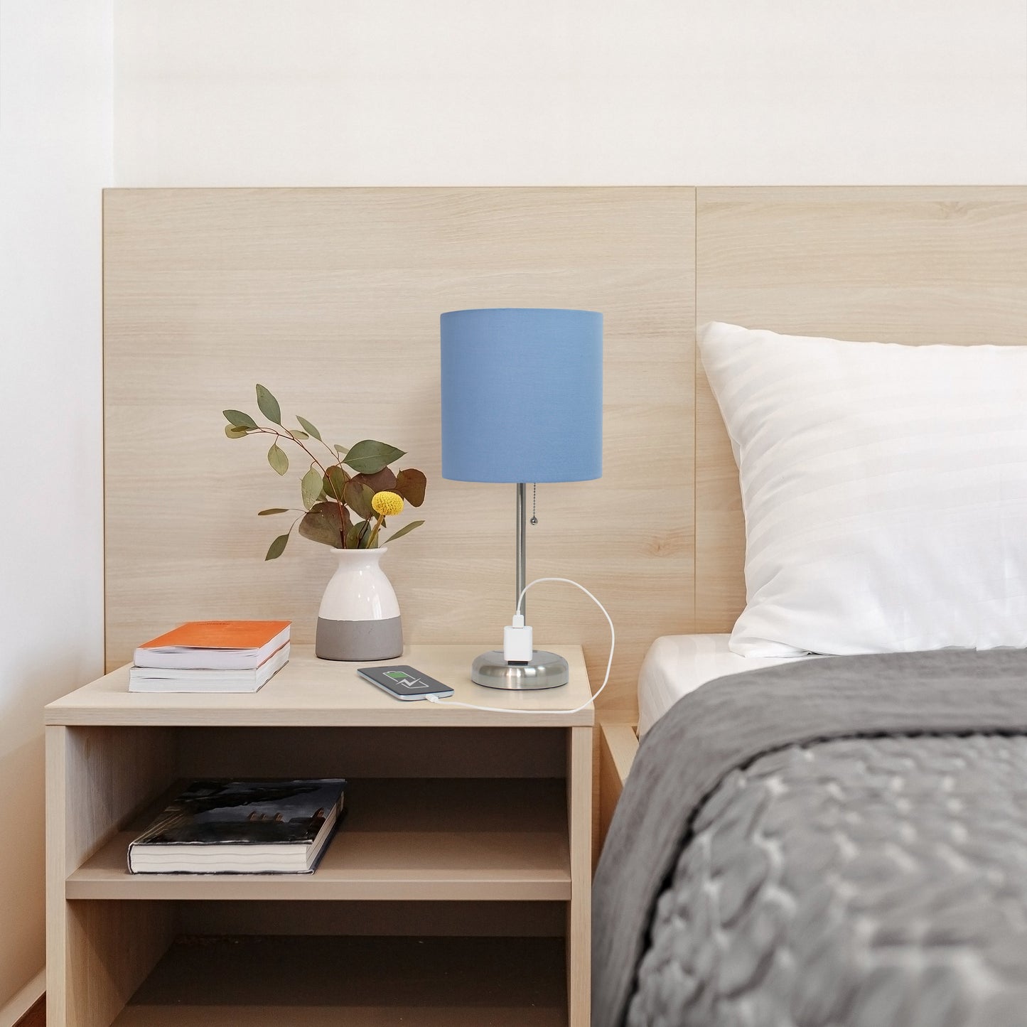 All The Rages Oslo 20" Brushed Steel Base Standard Table Lamp With Power Outlet & Blue Fabric Shade