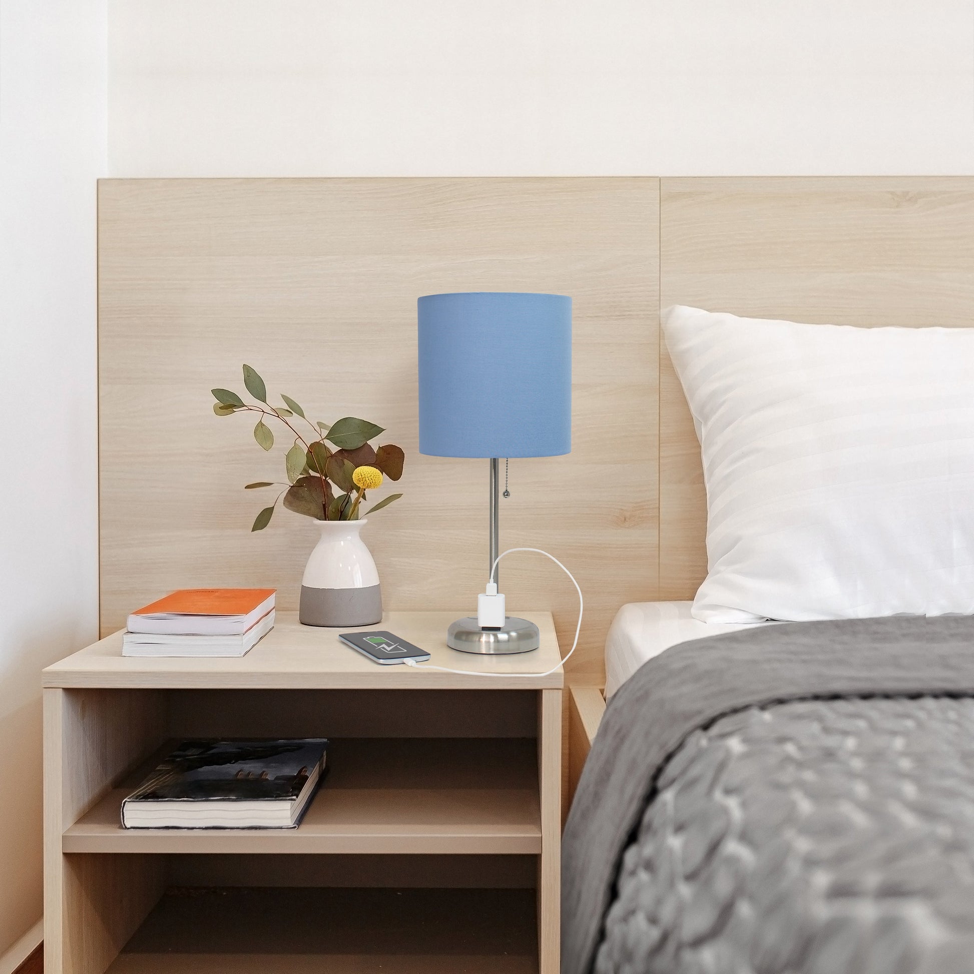 All The Rages Oslo 20" Brushed Steel Base Standard Table Lamp With Power Outlet & Blue Fabric Shade