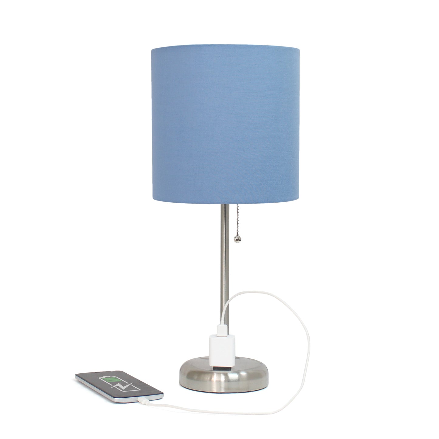 All The Rages Oslo 20" Brushed Steel Base Standard Table Lamp With Power Outlet & Blue Fabric Shade