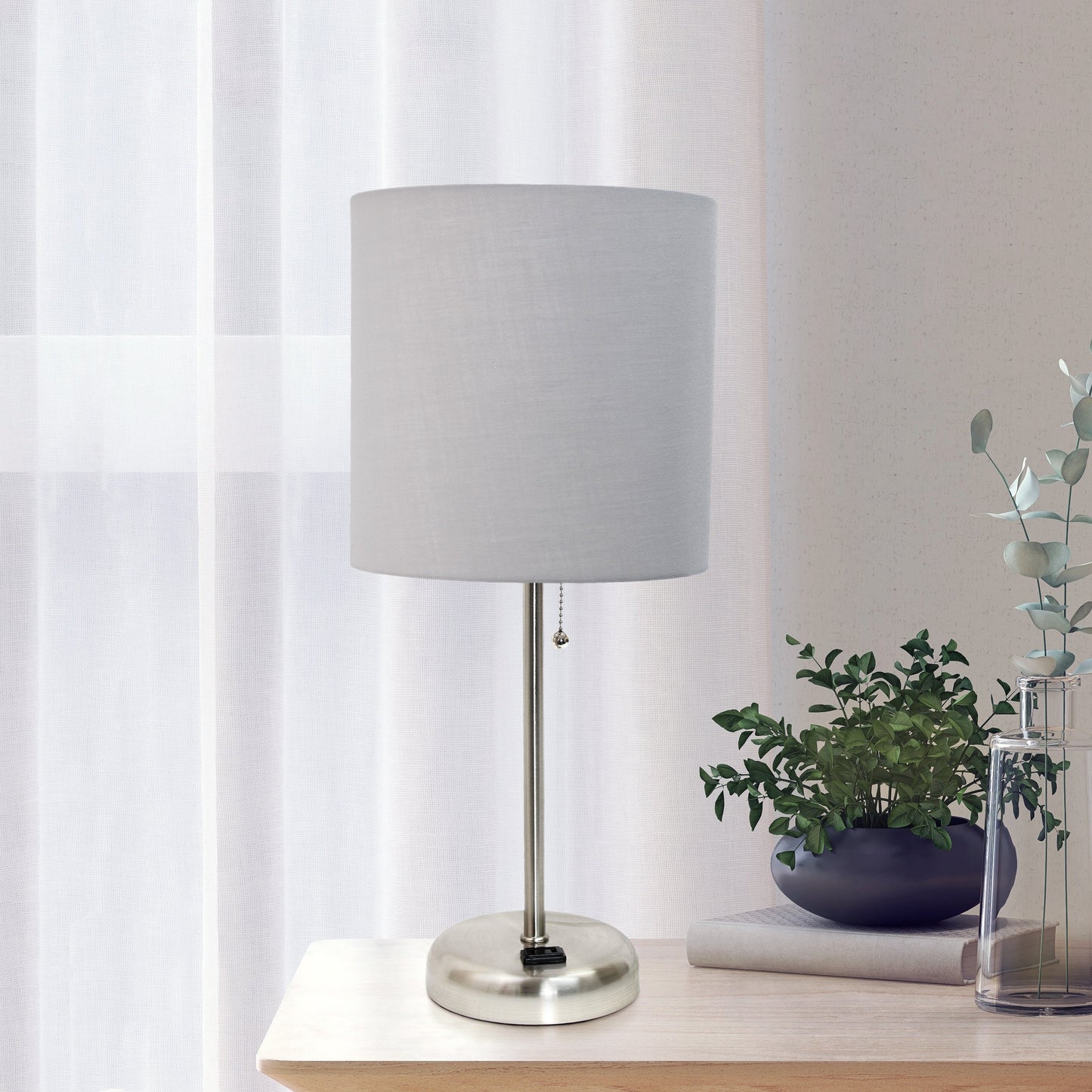All The Rages Oslo 20" Brushed Steel Base Standard Table Lamp With Power Outlet & Gray Fabric Shade