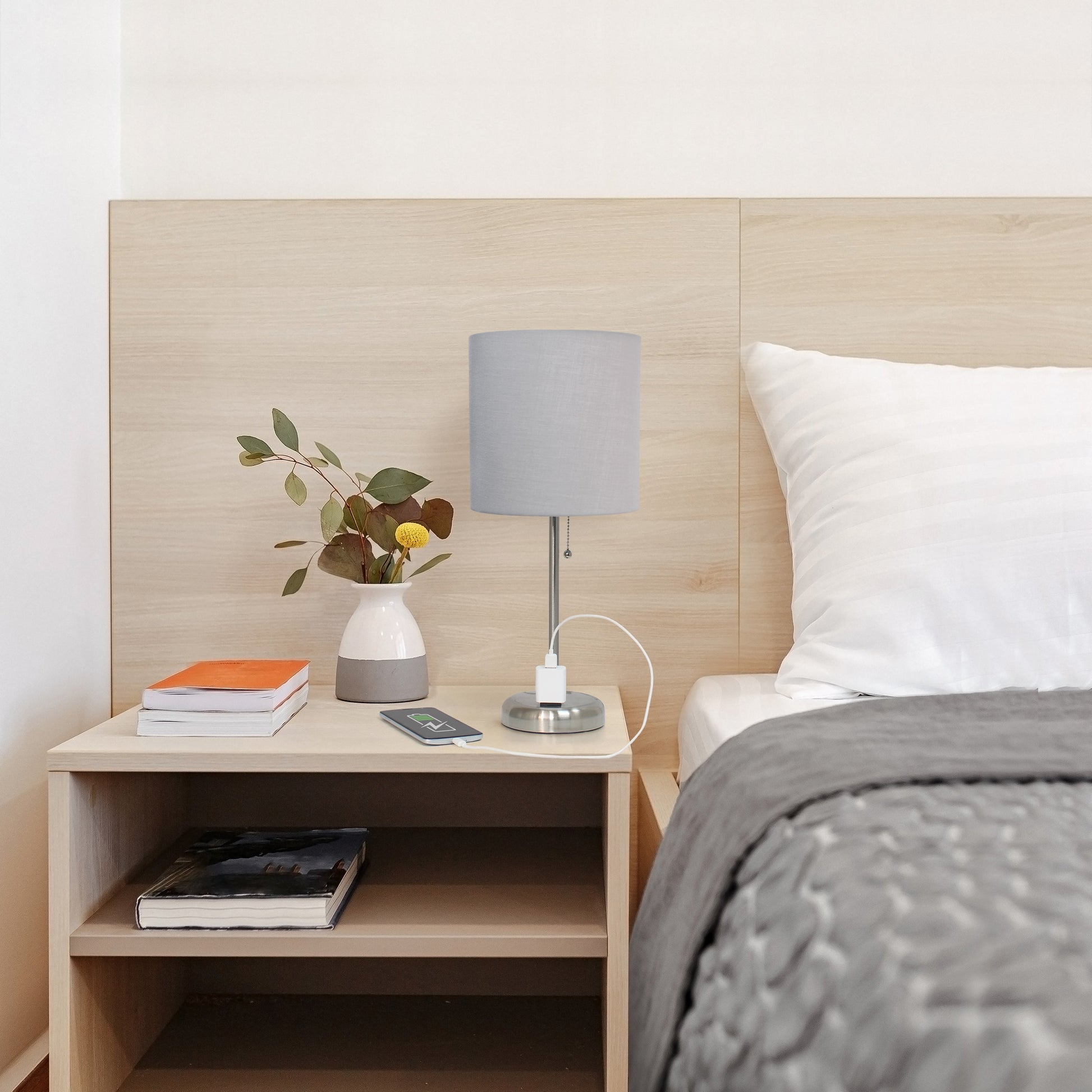 All The Rages Oslo 20" Brushed Steel Base Standard Table Lamp With Power Outlet & Gray Fabric Shade