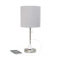 All The Rages Oslo 20" Brushed Steel Base Standard Table Lamp With Power Outlet & Gray Fabric Shade