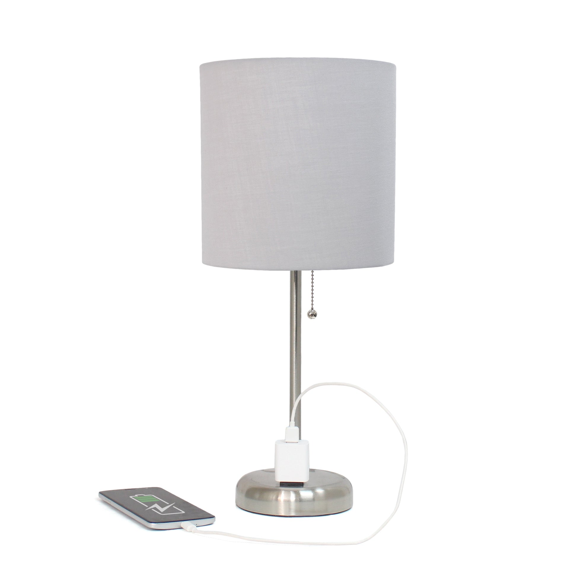 All The Rages Oslo 20" Brushed Steel Base Standard Table Lamp With Power Outlet & Gray Fabric Shade