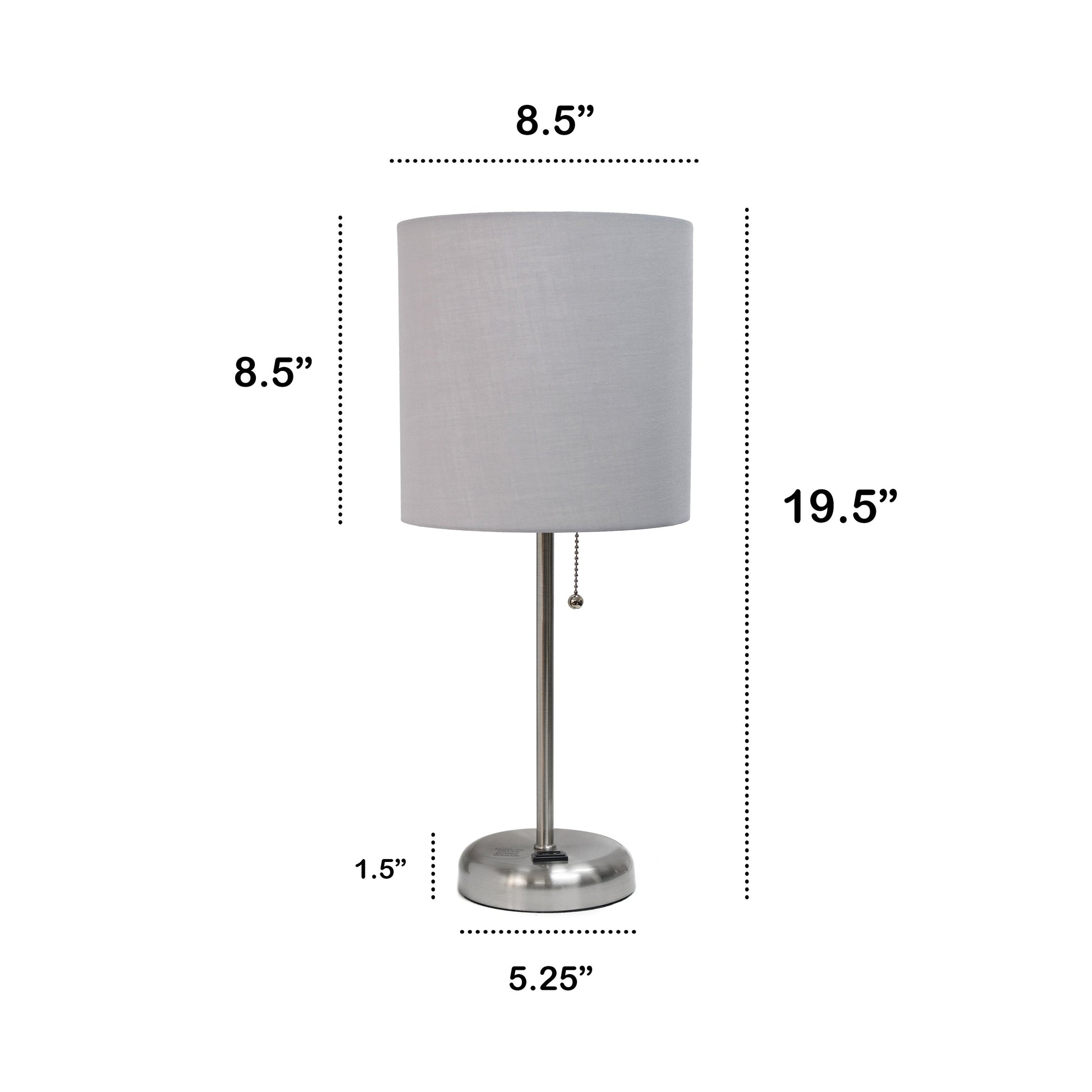 All The Rages Oslo 20" Brushed Steel Base Standard Table Lamp With Power Outlet & Gray Fabric Shade