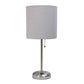 All The Rages Oslo 20" Brushed Steel Base Standard Table Lamp With Power Outlet & Gray Fabric Shade