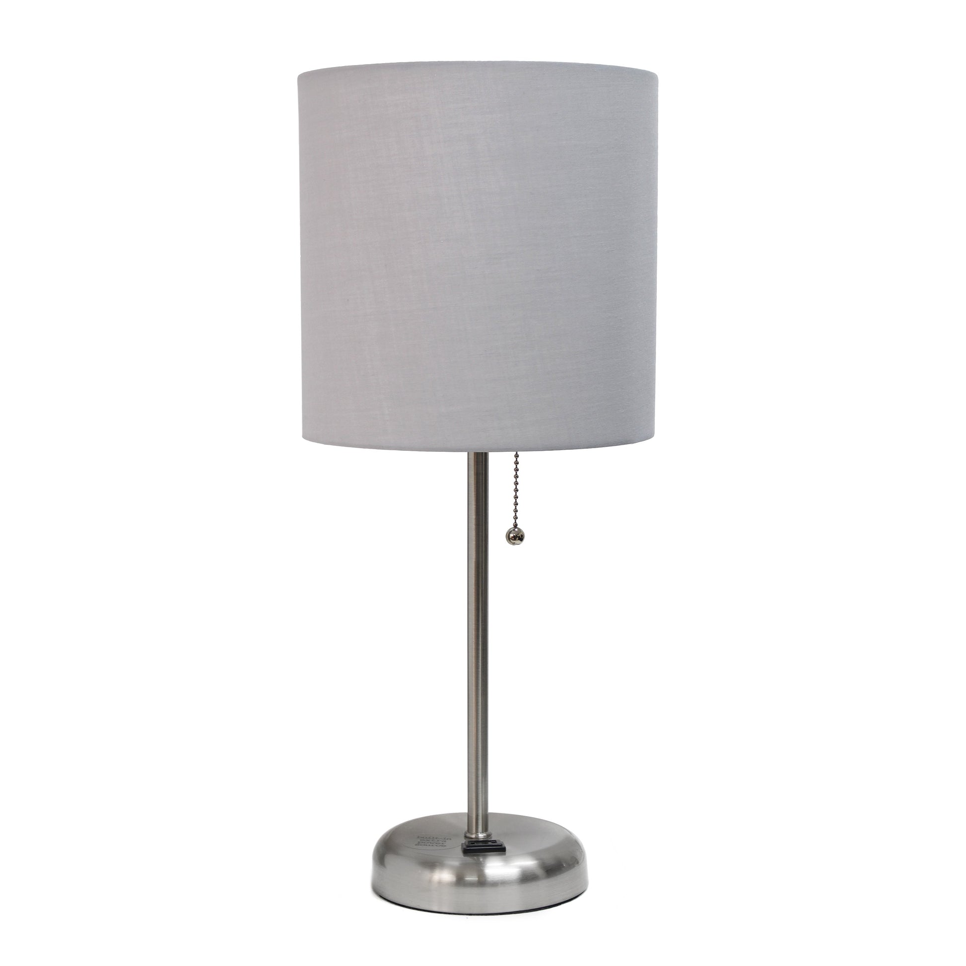 All The Rages Oslo 20" Brushed Steel Base Standard Table Lamp With Power Outlet & Gray Fabric Shade