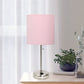 All The Rages Oslo 20" Brushed Steel Base Standard Table Lamp With Power Outlet & Light Pink Fabric Shade