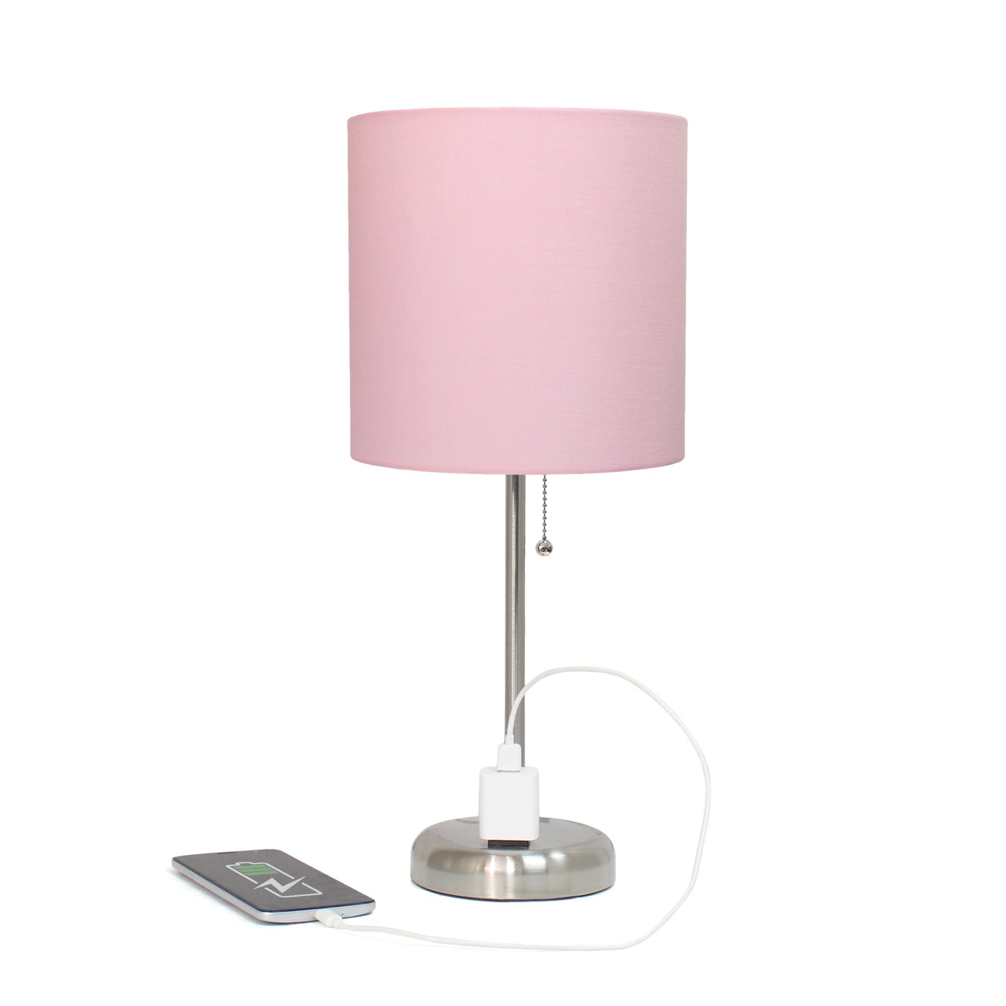 All The Rages Oslo 20" Brushed Steel Base Standard Table Lamp With Power Outlet & Light Pink Fabric Shade