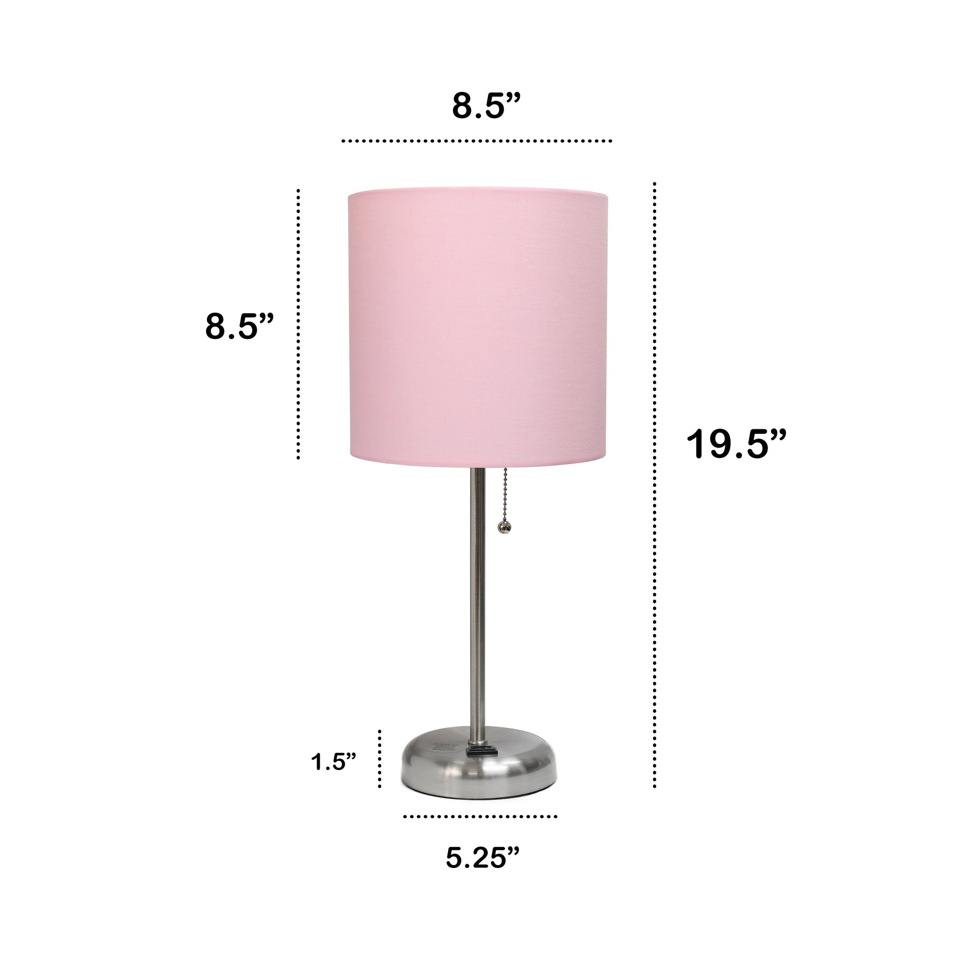 All The Rages Oslo 20" Brushed Steel Base Standard Table Lamp With Power Outlet & Light Pink Fabric Shade