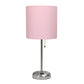 All The Rages Oslo 20" Brushed Steel Base Standard Table Lamp With Power Outlet & Light Pink Fabric Shade