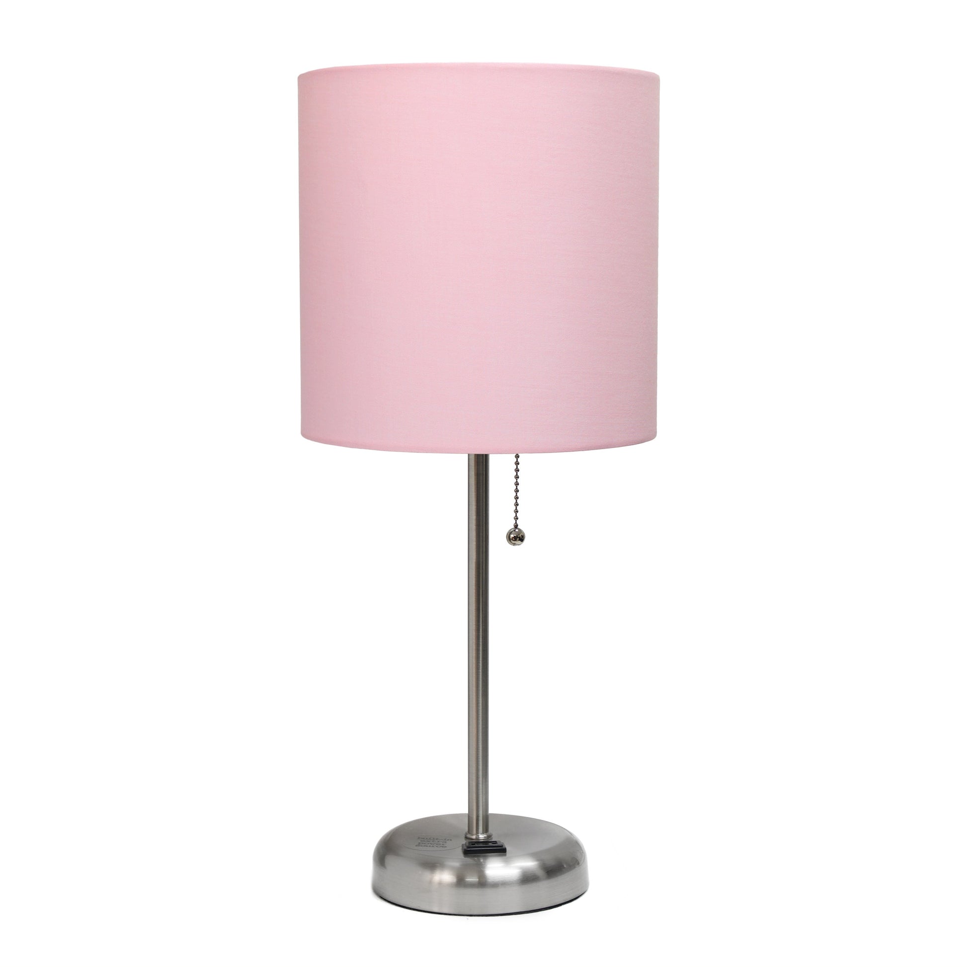 All The Rages Oslo 20" Brushed Steel Base Standard Table Lamp With Power Outlet & Light Pink Fabric Shade
