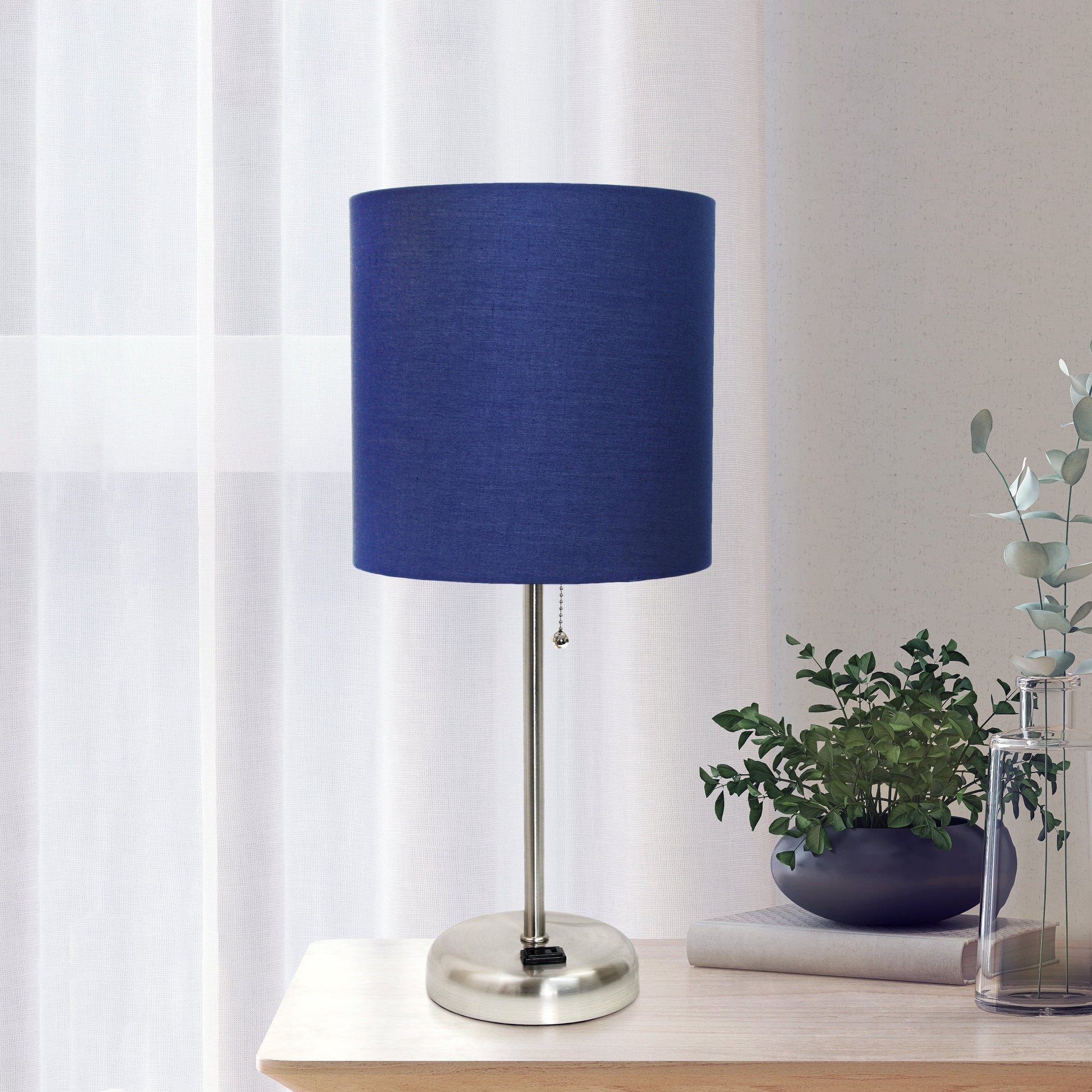 All The Rages Oslo 20" Brushed Steel Base Standard Table Lamp With Power Outlet & Navy Fabric Shade